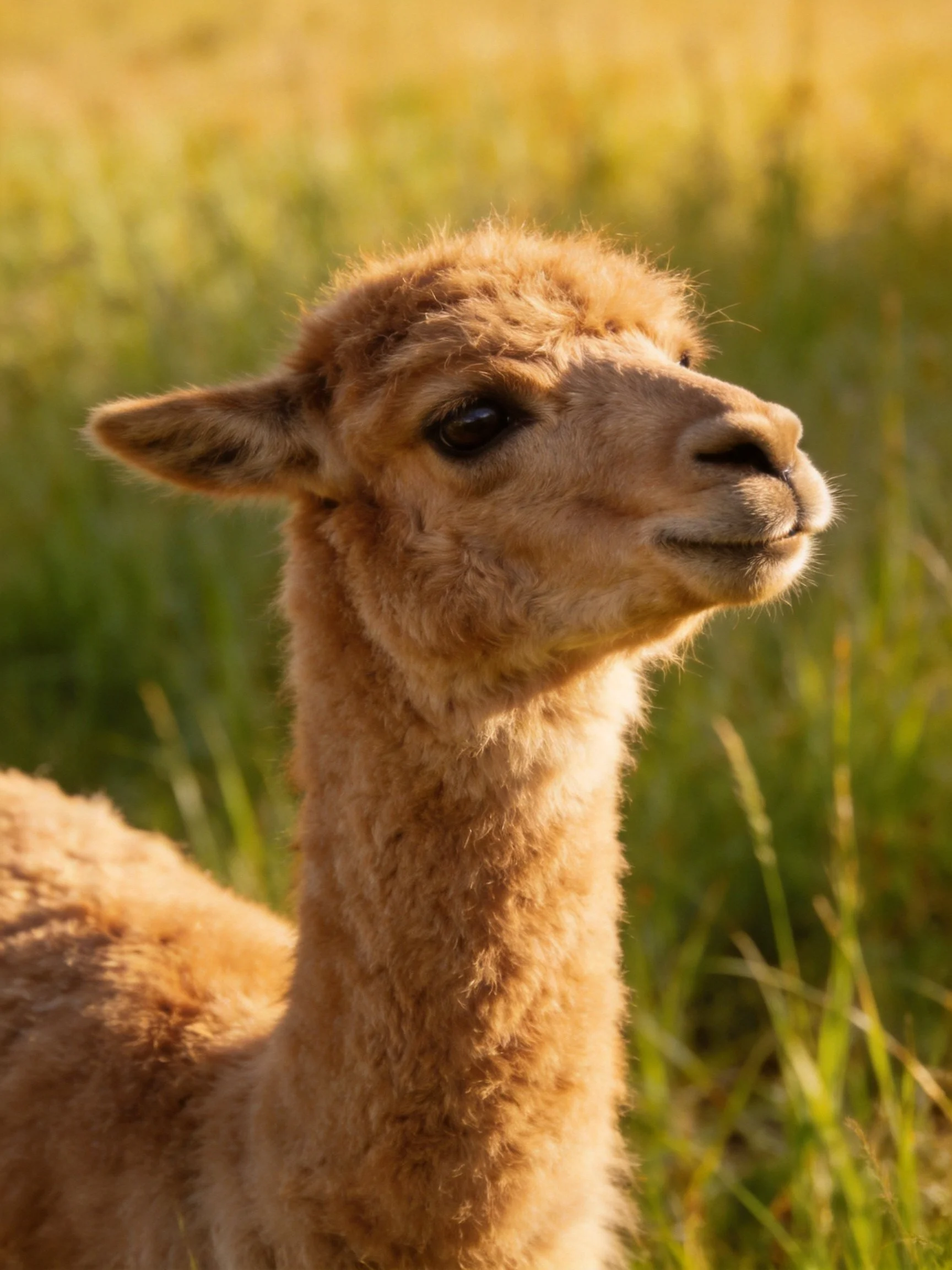 A young tan alpaca amidst golden-green tall grass