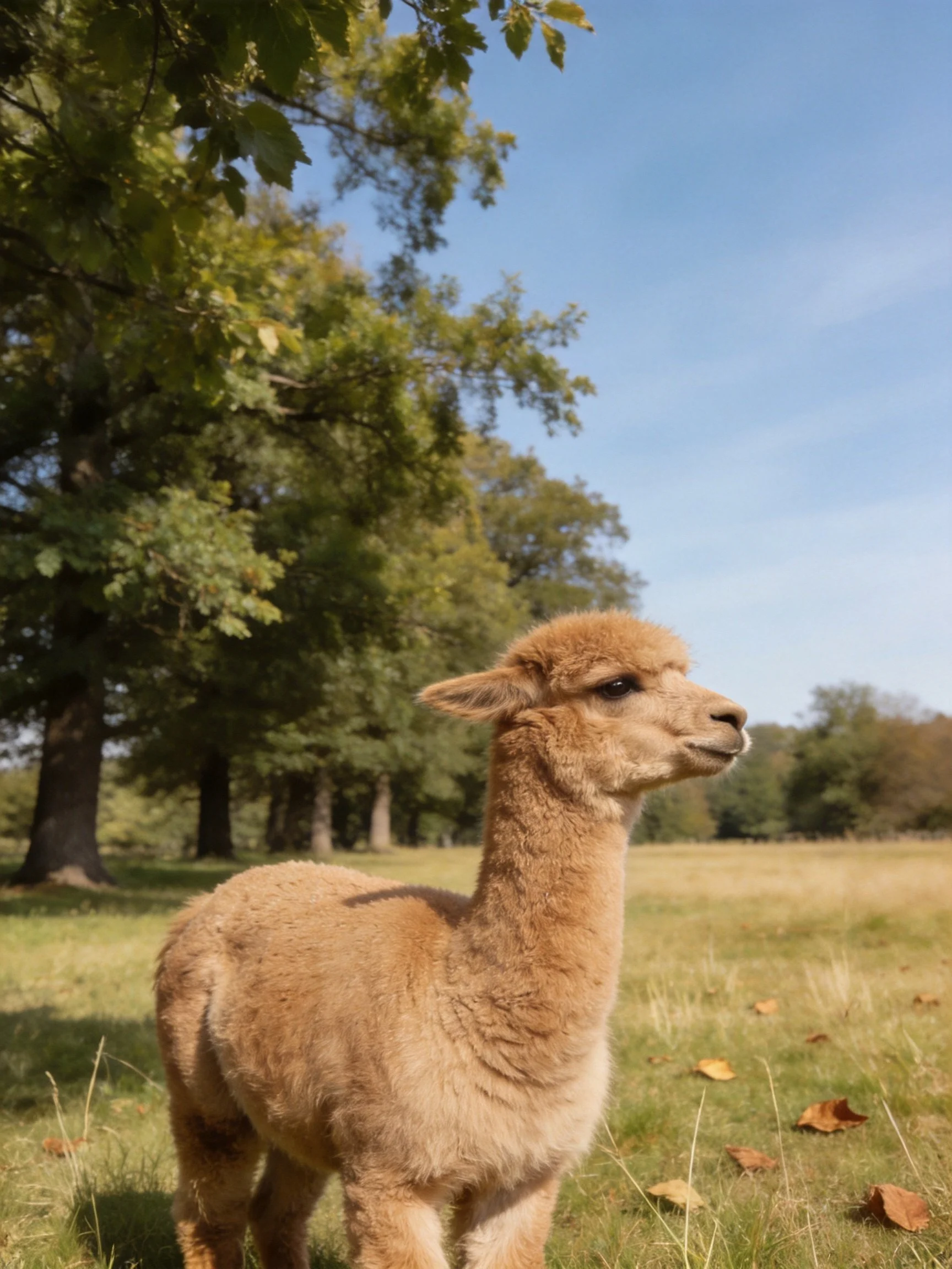 A young tan alpaca stands in a sunlit field with tall green trees