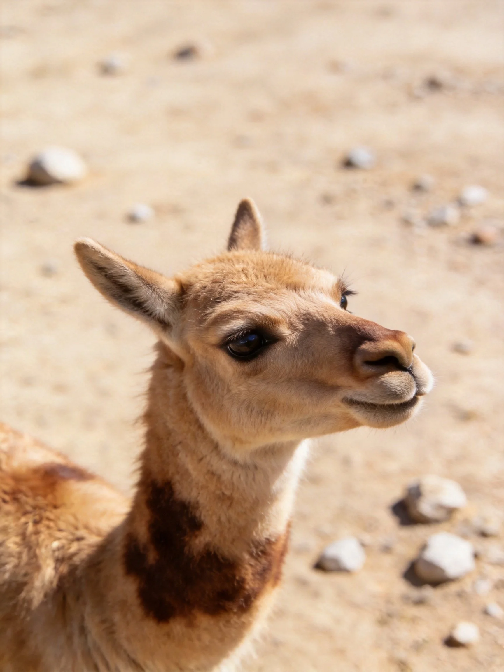 A young tan and brown guanaco near scattered stones on sandy ground