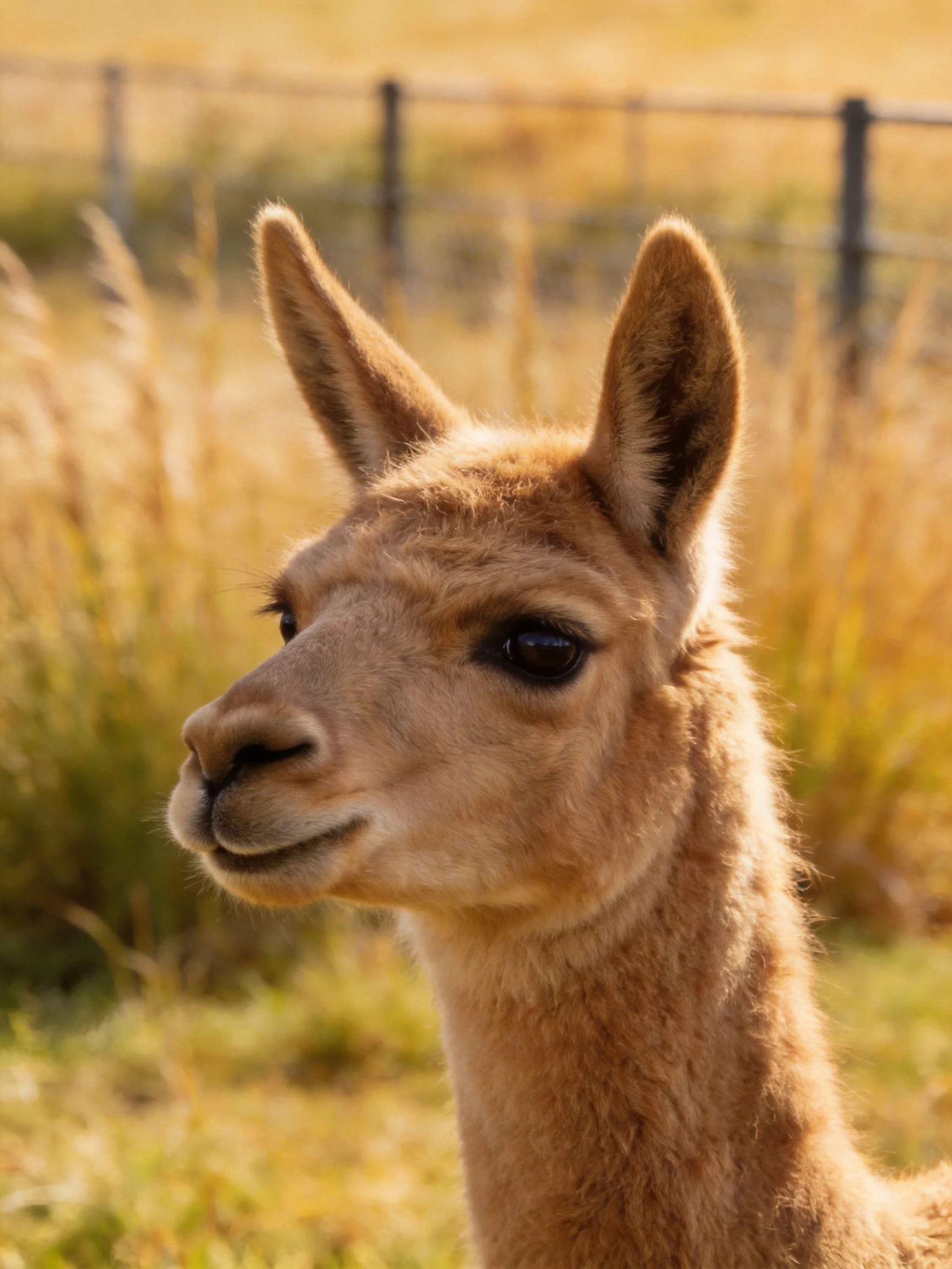 A young tan llama near golden grasses with a dark fence