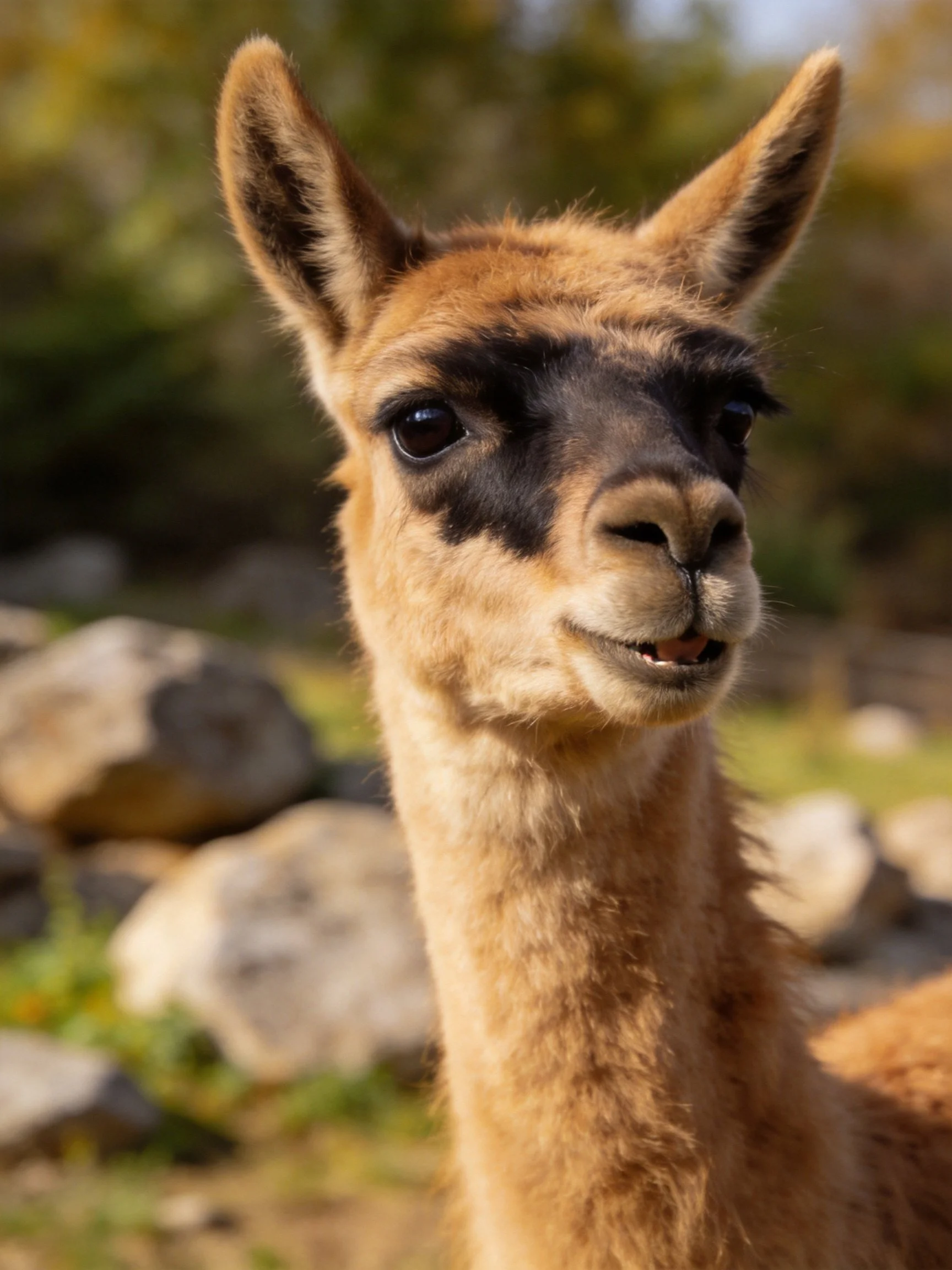 A young tan llama with dark facial markings near rocks