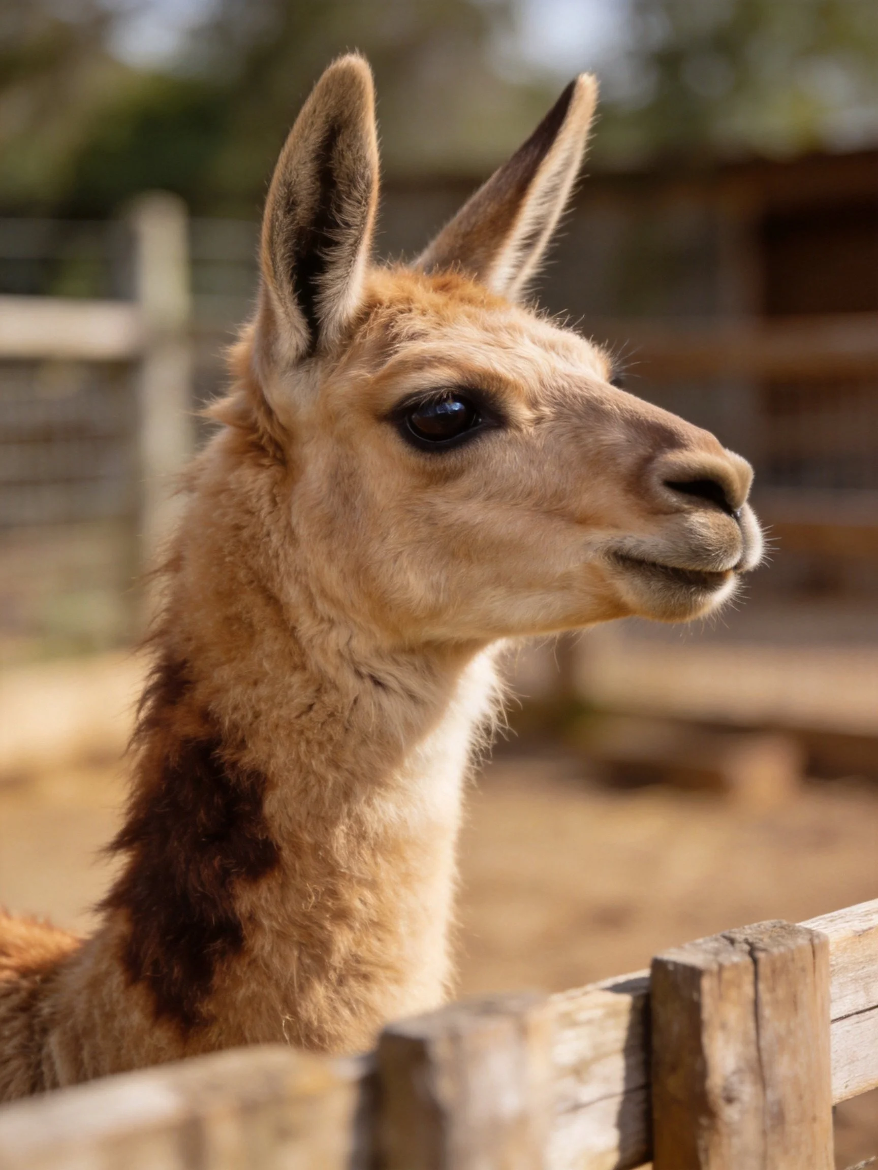 A young tan llama with dark patches near a wooden enclosure