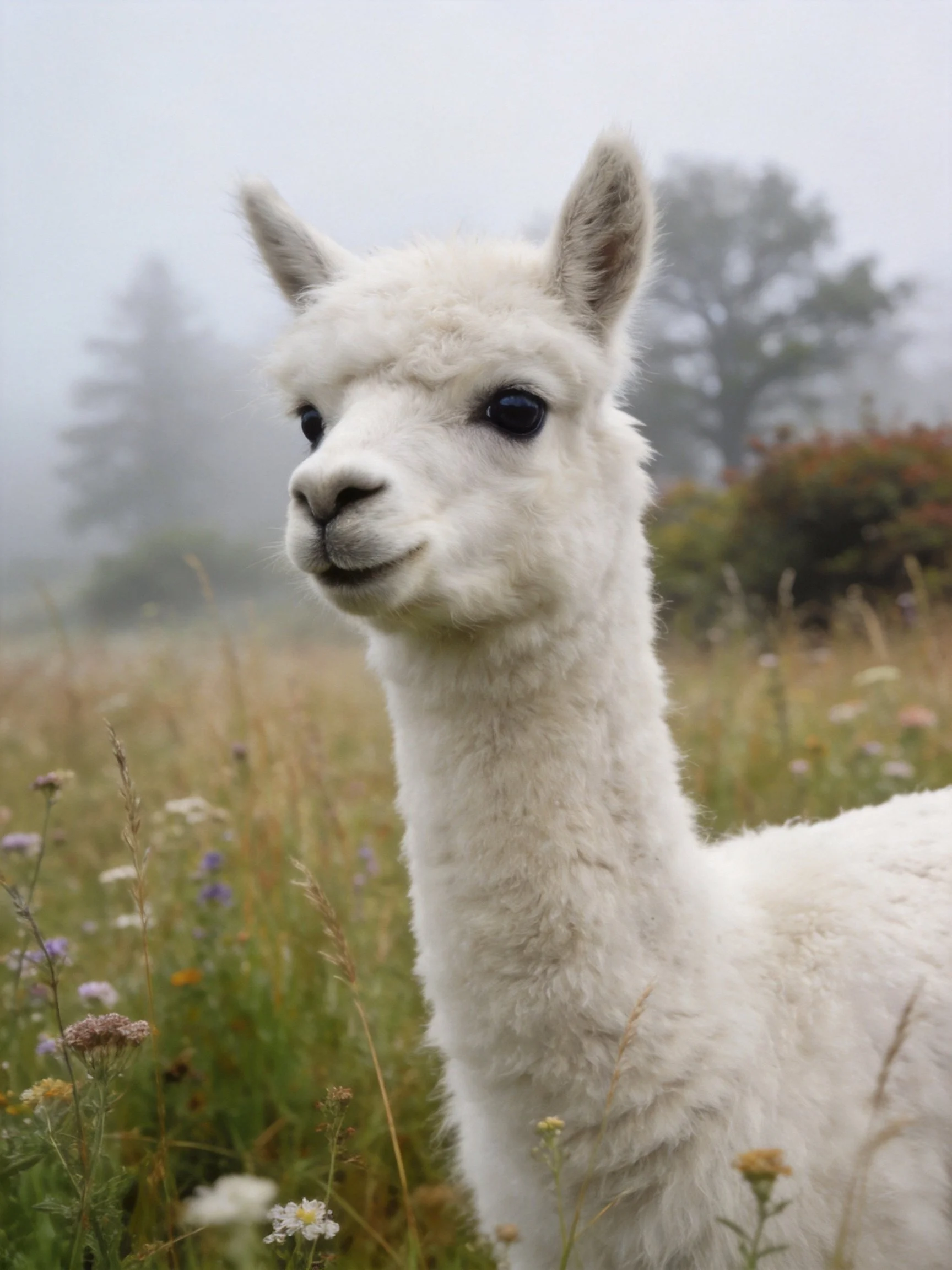 A young white alpaca in a misty wildflower meadow