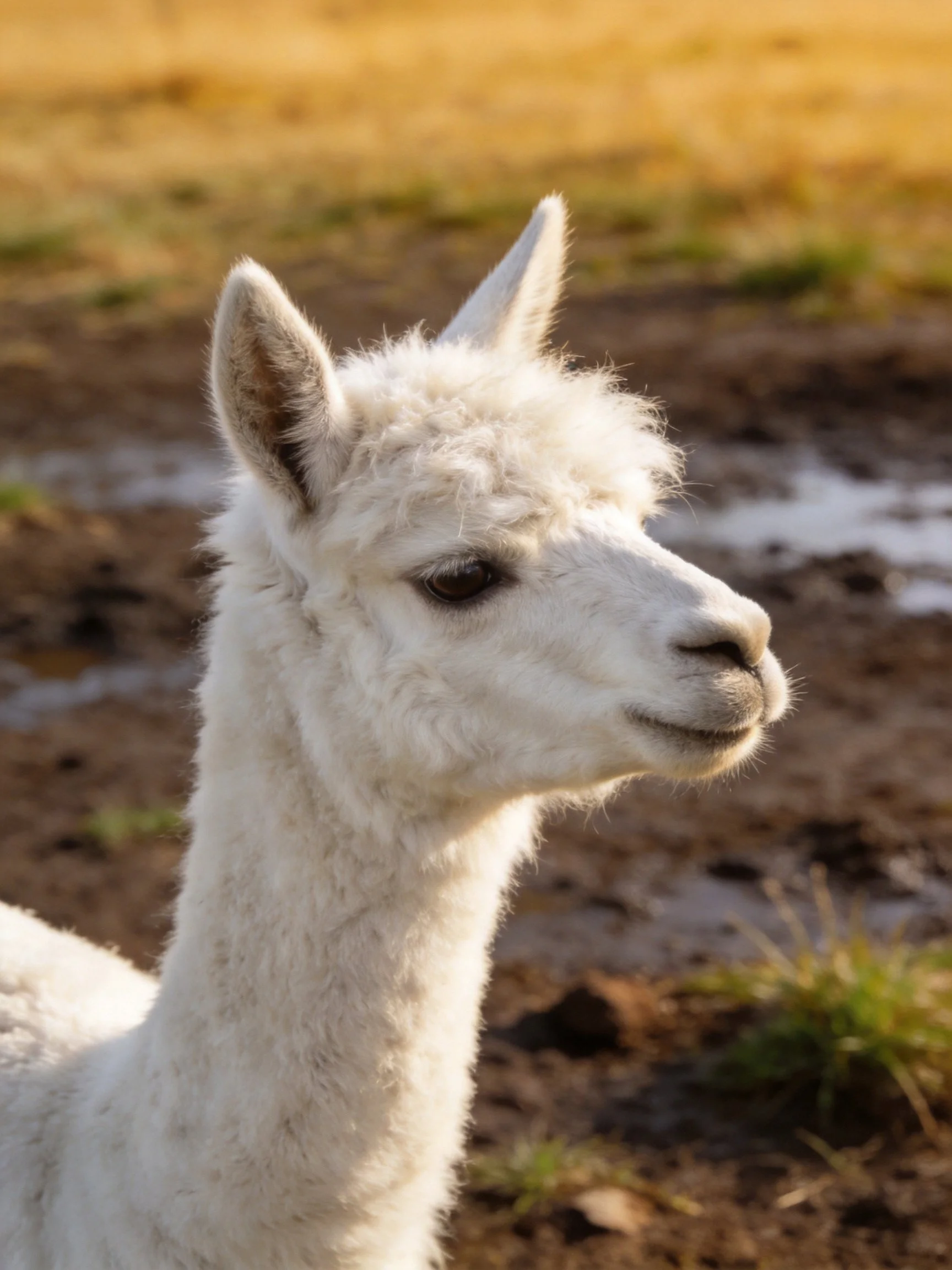 A young white alpaca with curly fur in a muddy, grassy field