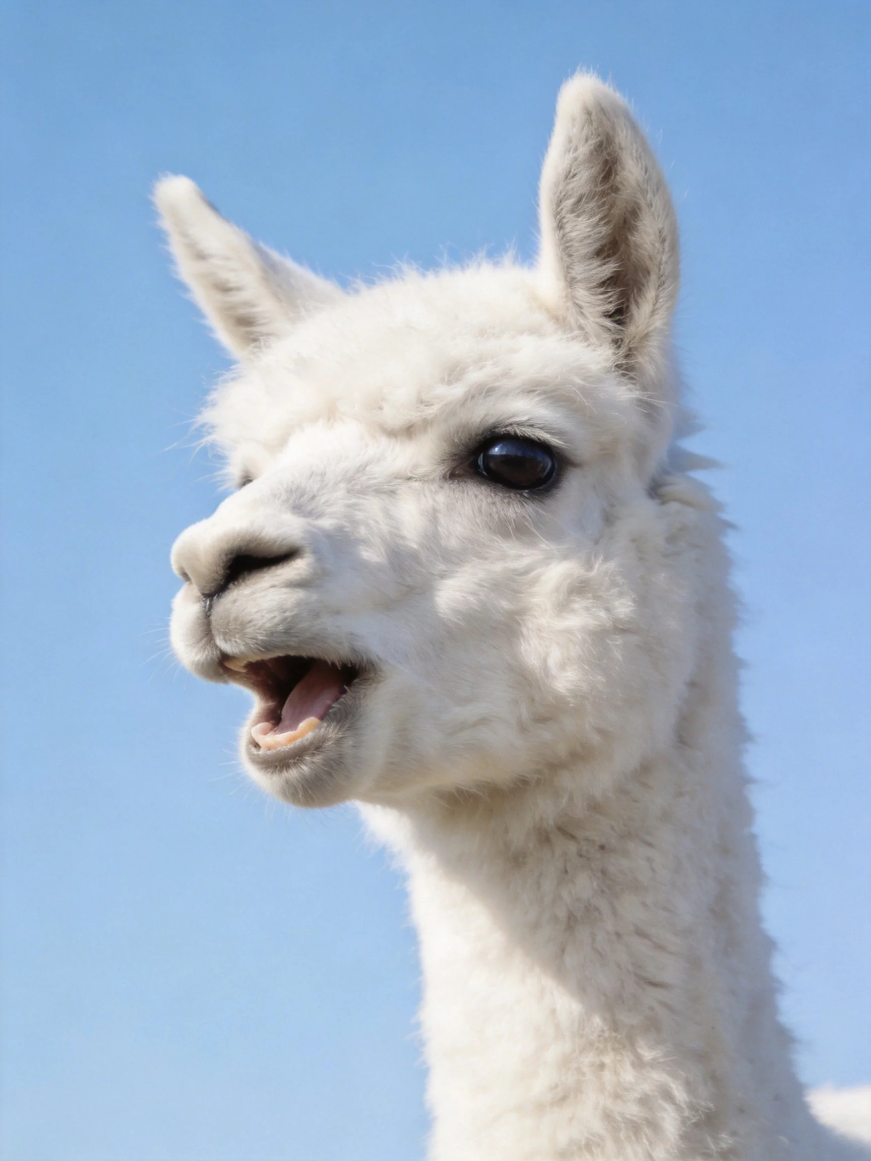 A young white alpaca with open mouth against clear blue sky