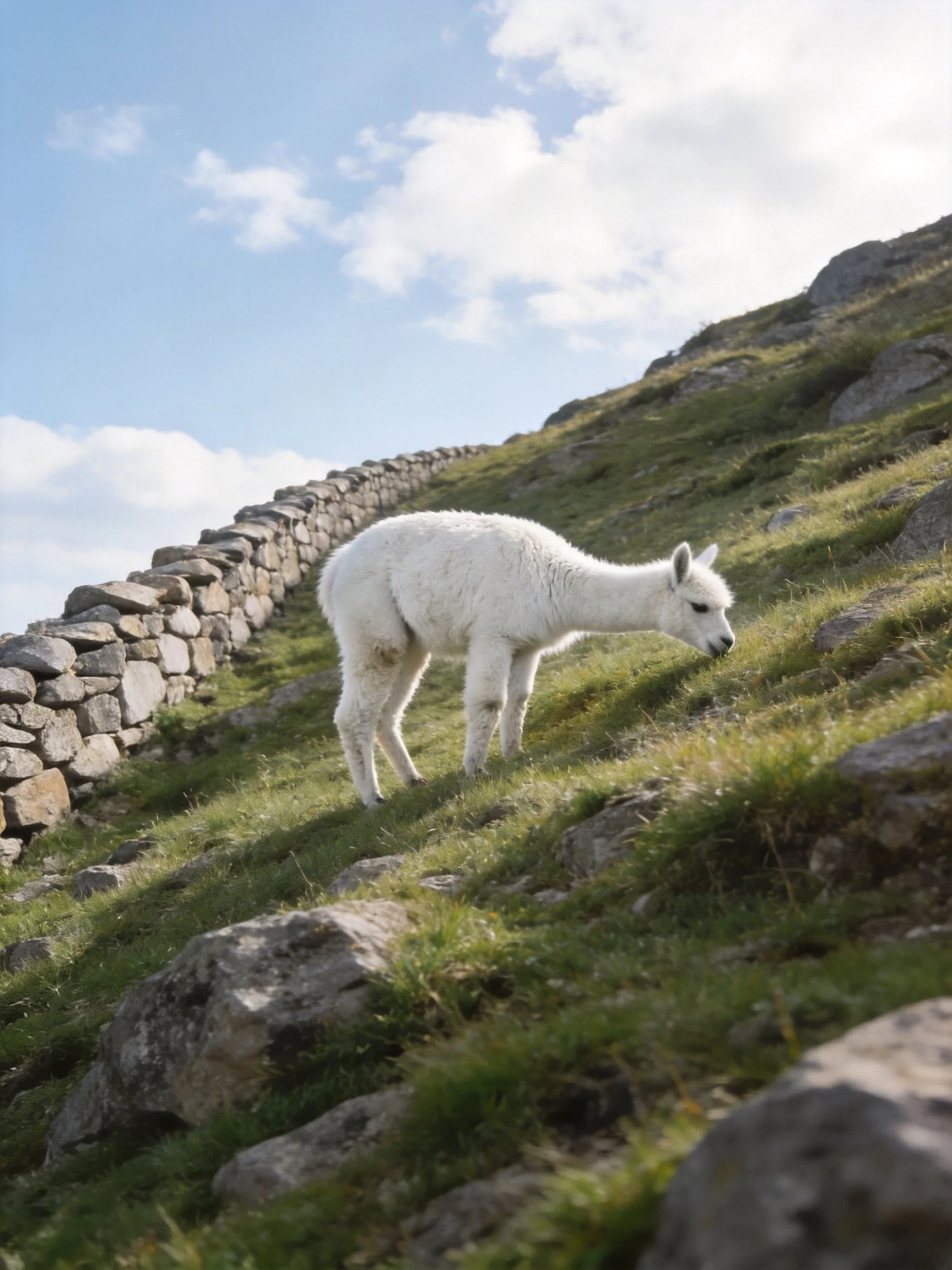 A young white llama grazes near a stone wall on a grassy hillside
