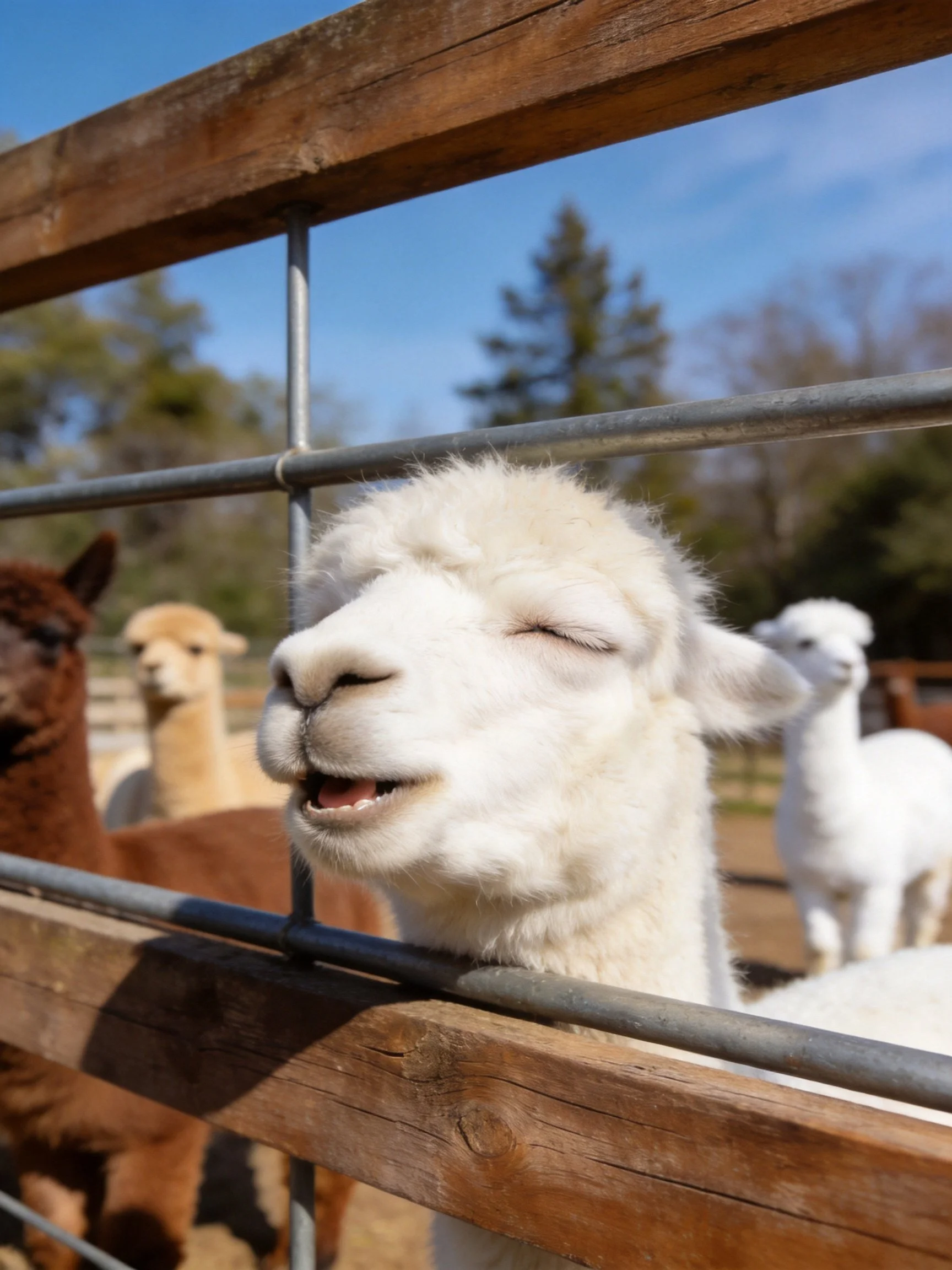 Alpacas of various colors near a wooden and metal fence
