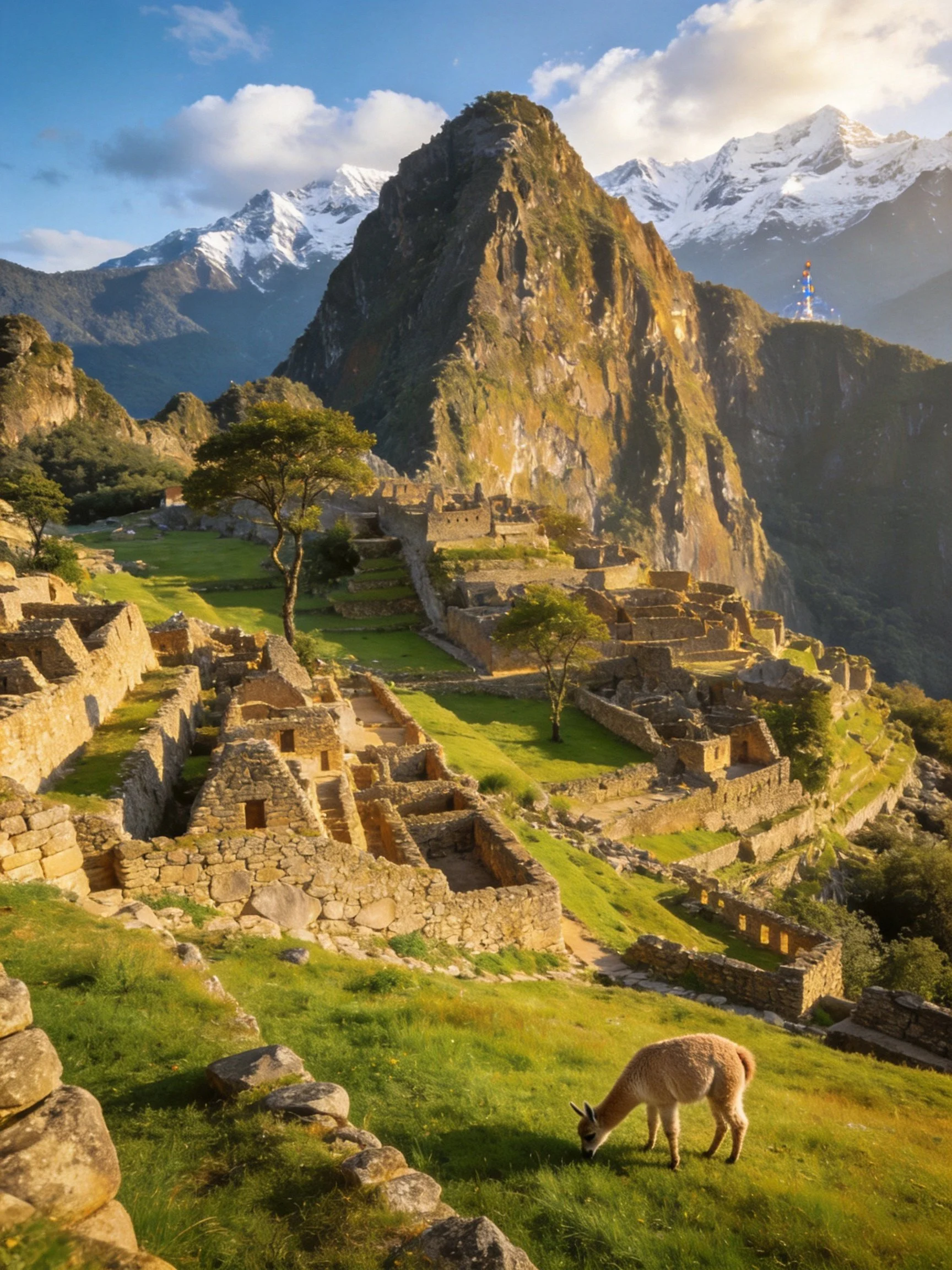 Ancient Incan Ruins with Llama, Green Fields, and Snow-Capped Peaks