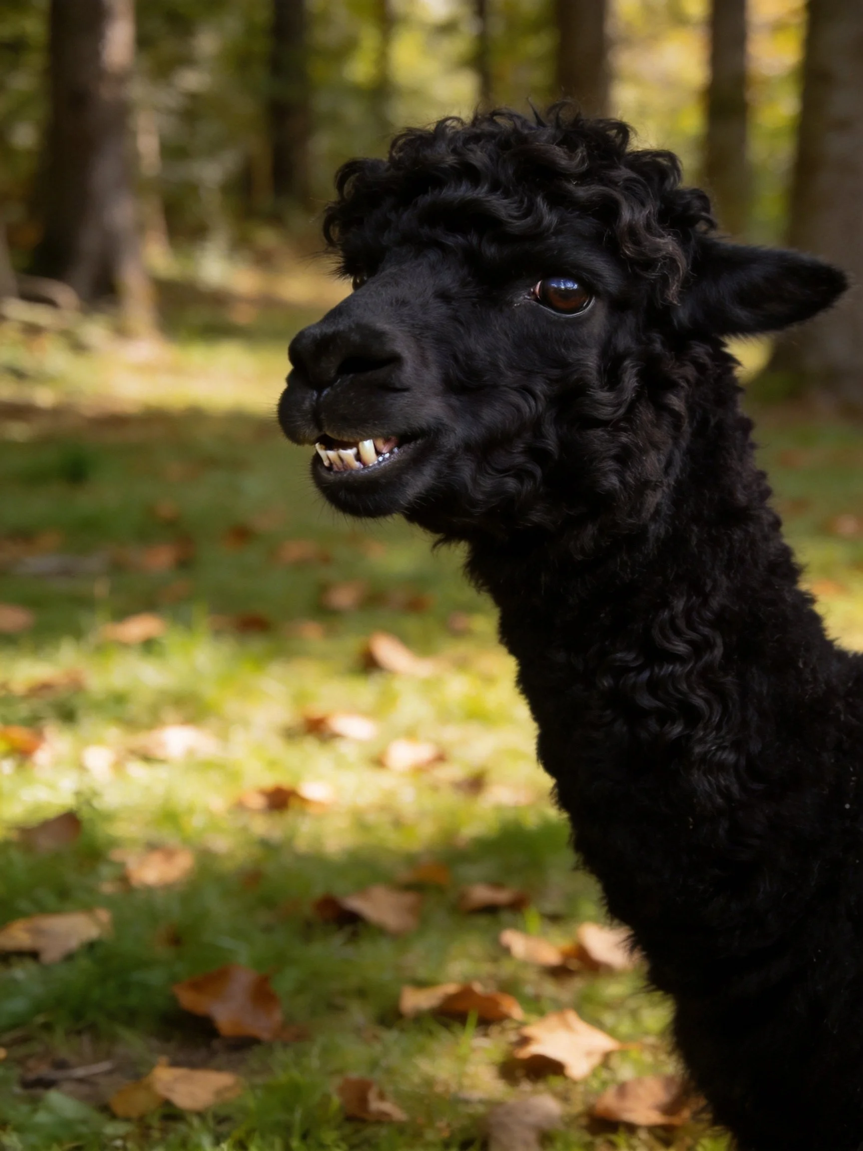 Black curly - llama in forest with fallen leaves