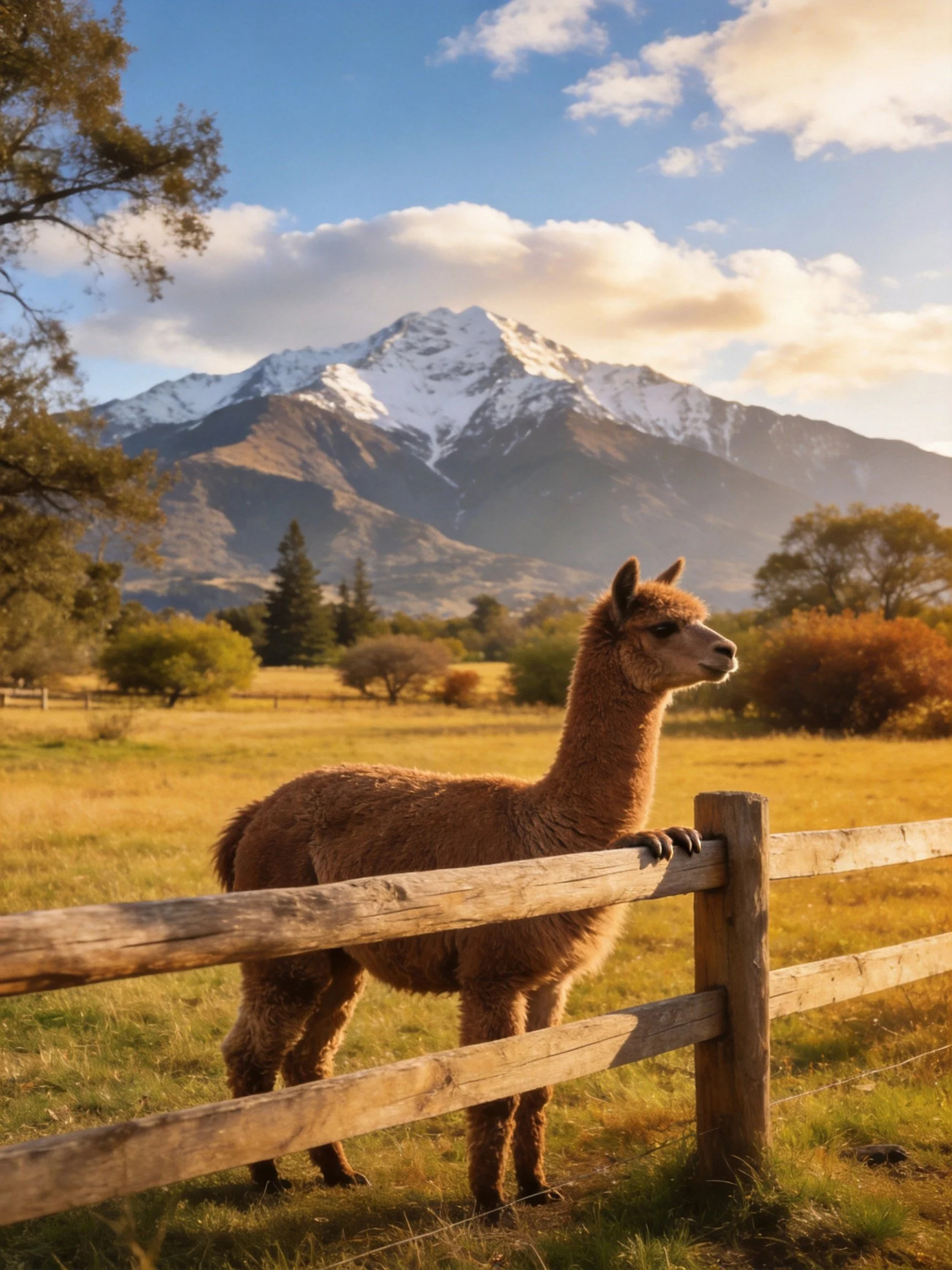 Brown alpaca near wooden fence with snow-capped mountain