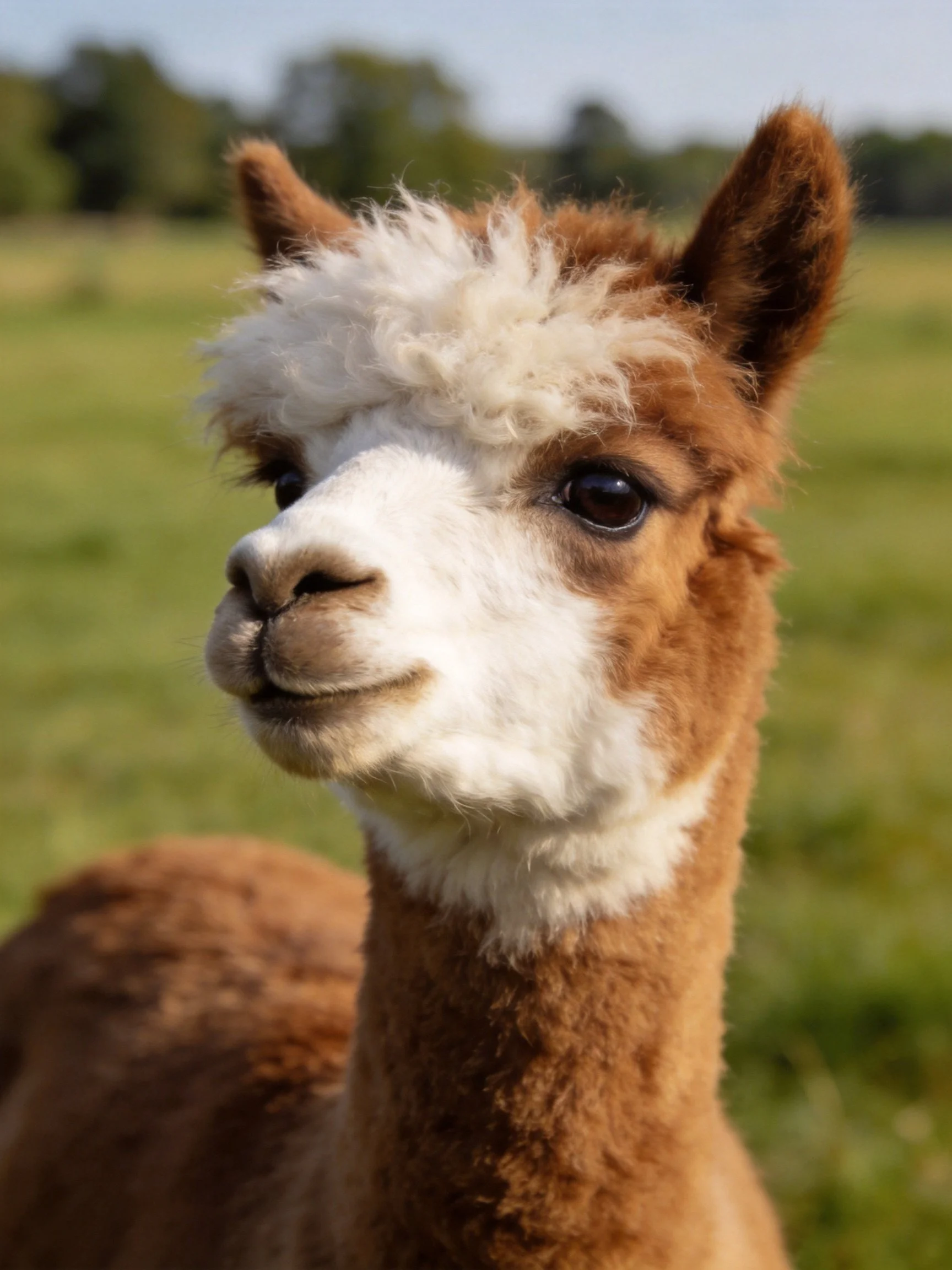 A brown and white alpaca gazes peacefully in a green field.