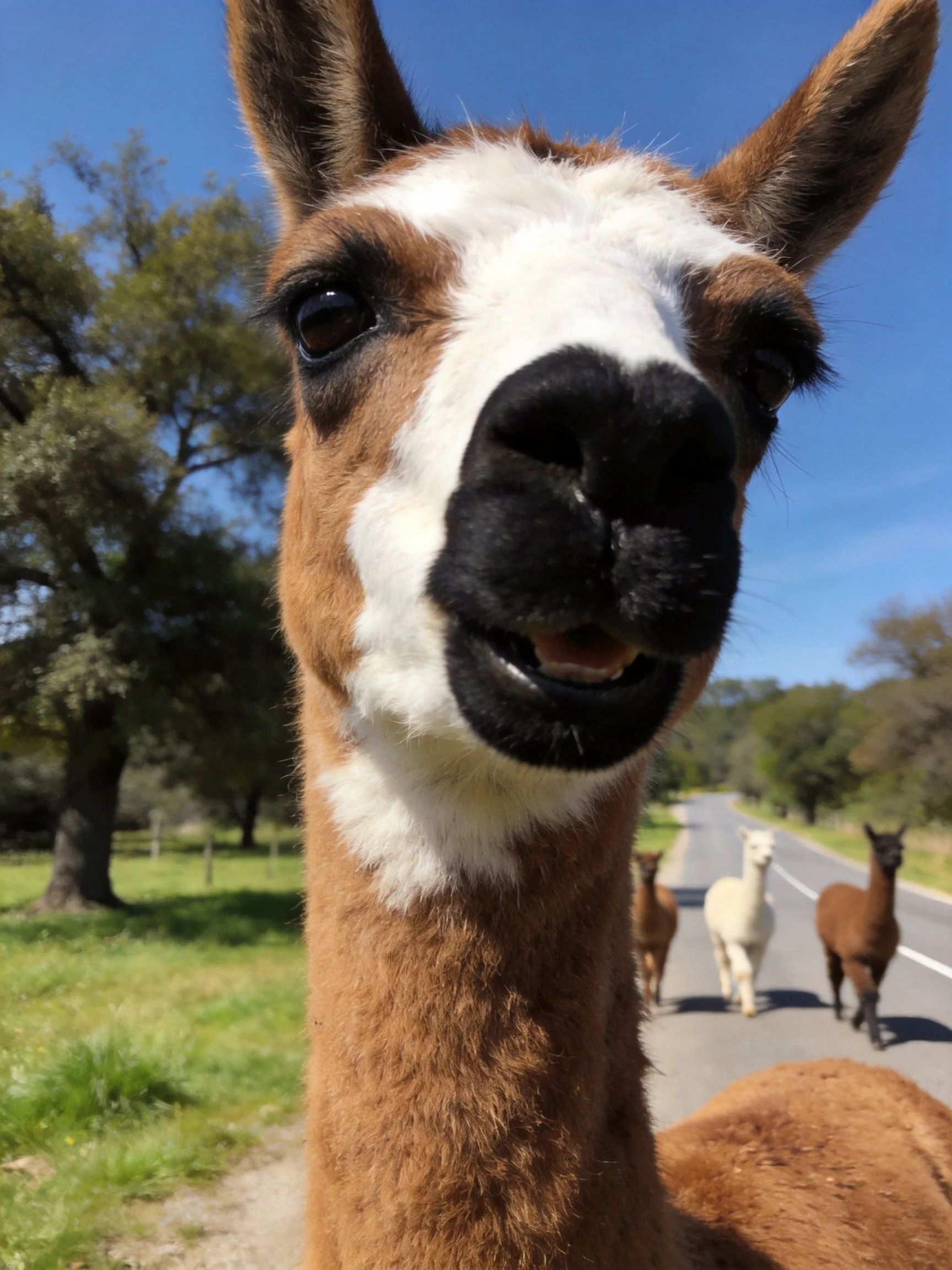 Brown and white llama close - up with group on sunny country road