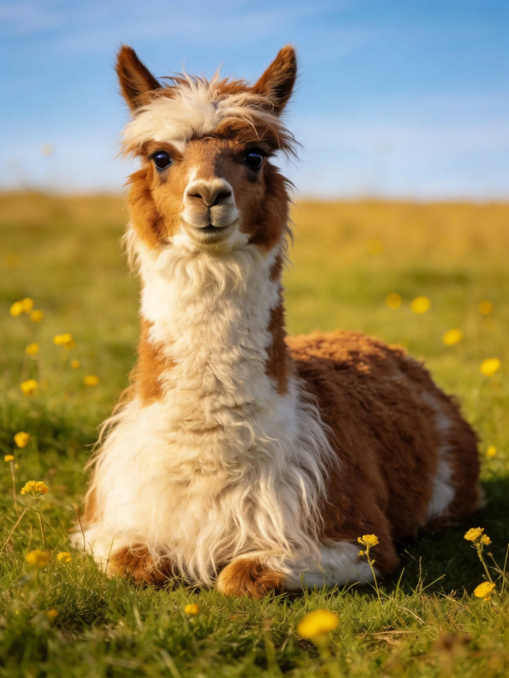 Brown and white llama resting among yellow wildflowers in sunny meadow