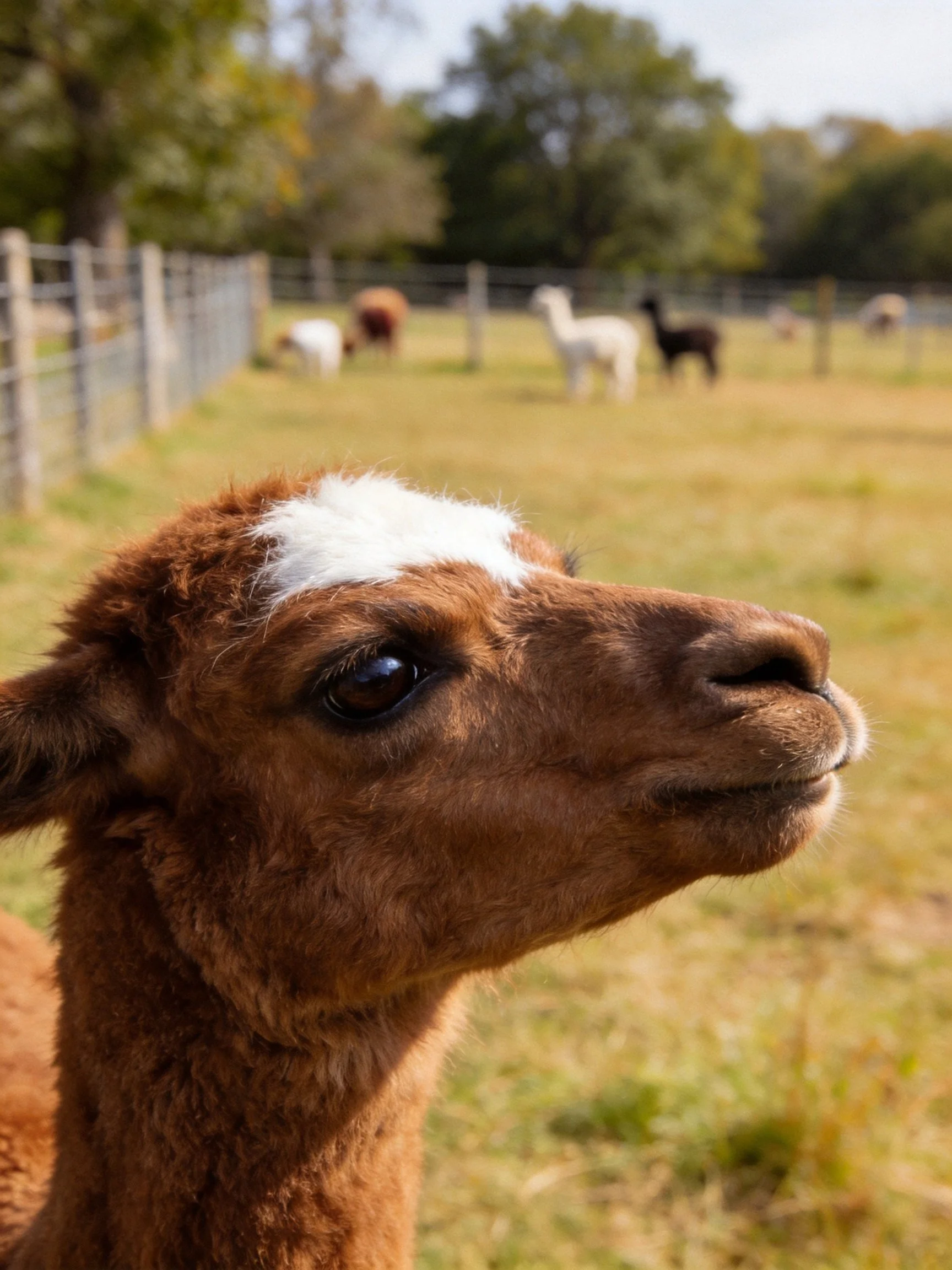 Brown llama with white marking in sunlit farm enclosure