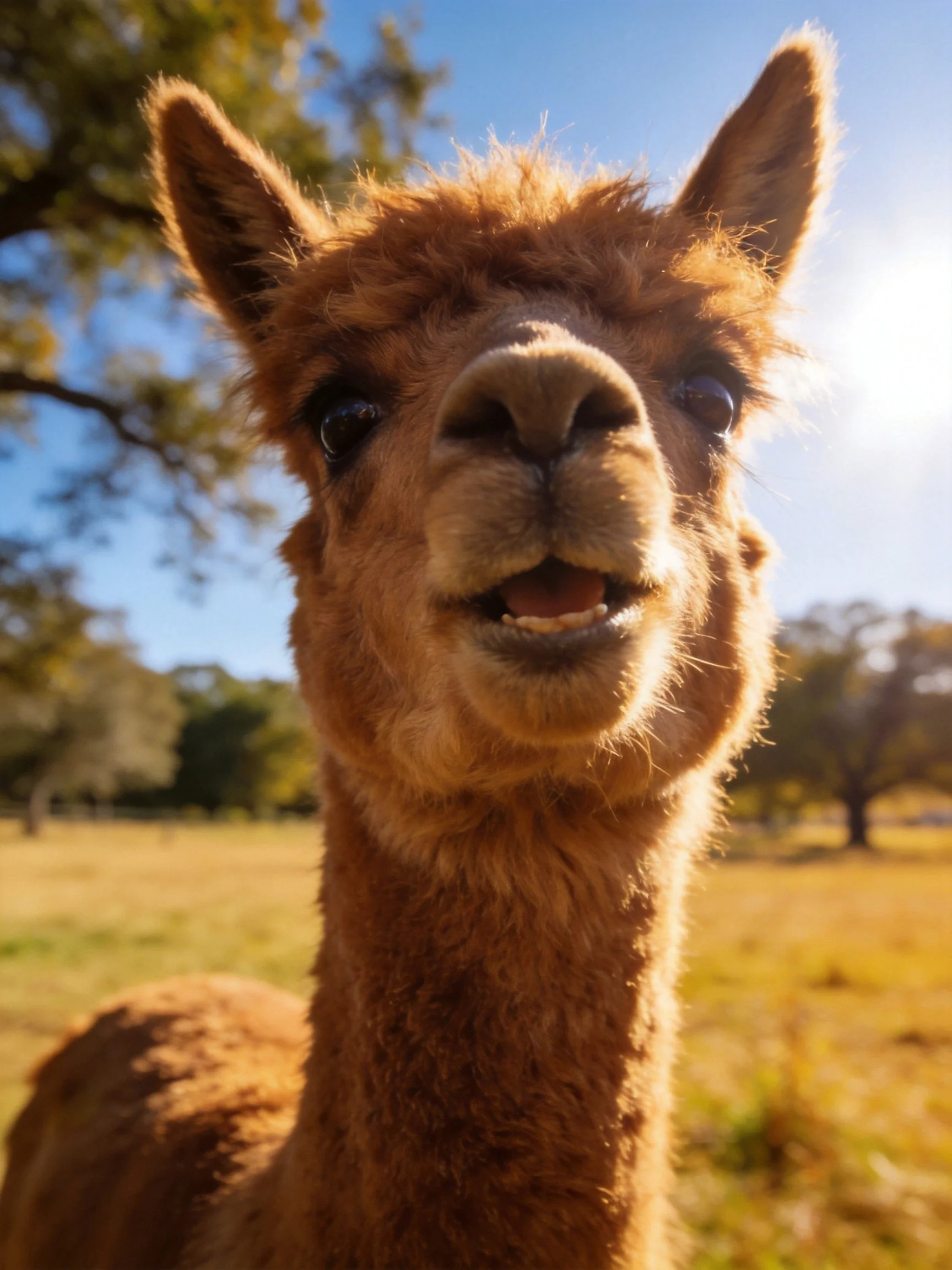 Close-up of a brown alpaca in a sunlit open field