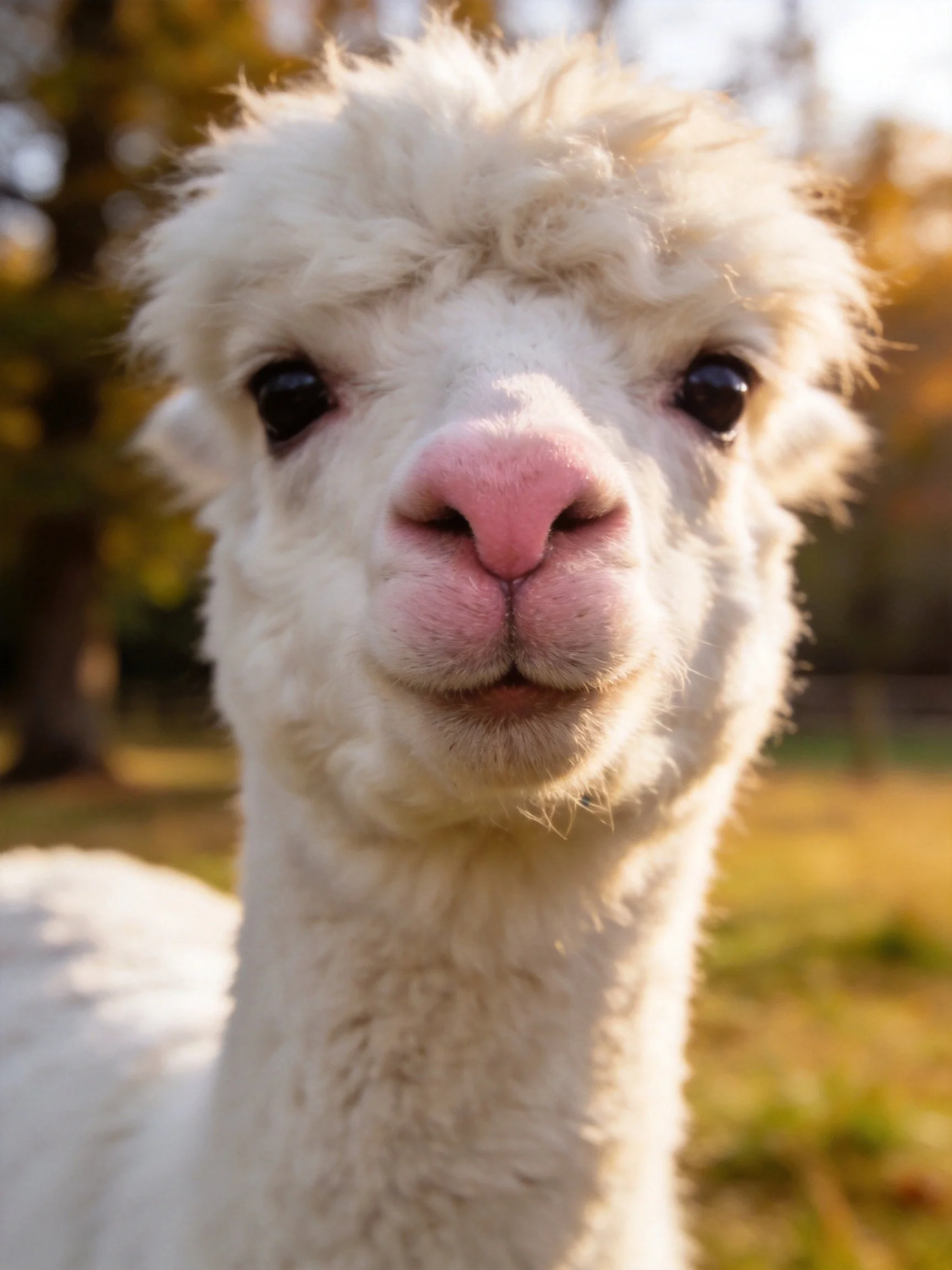 Close - up of a fluffy white alpaca with pink nose outdoors