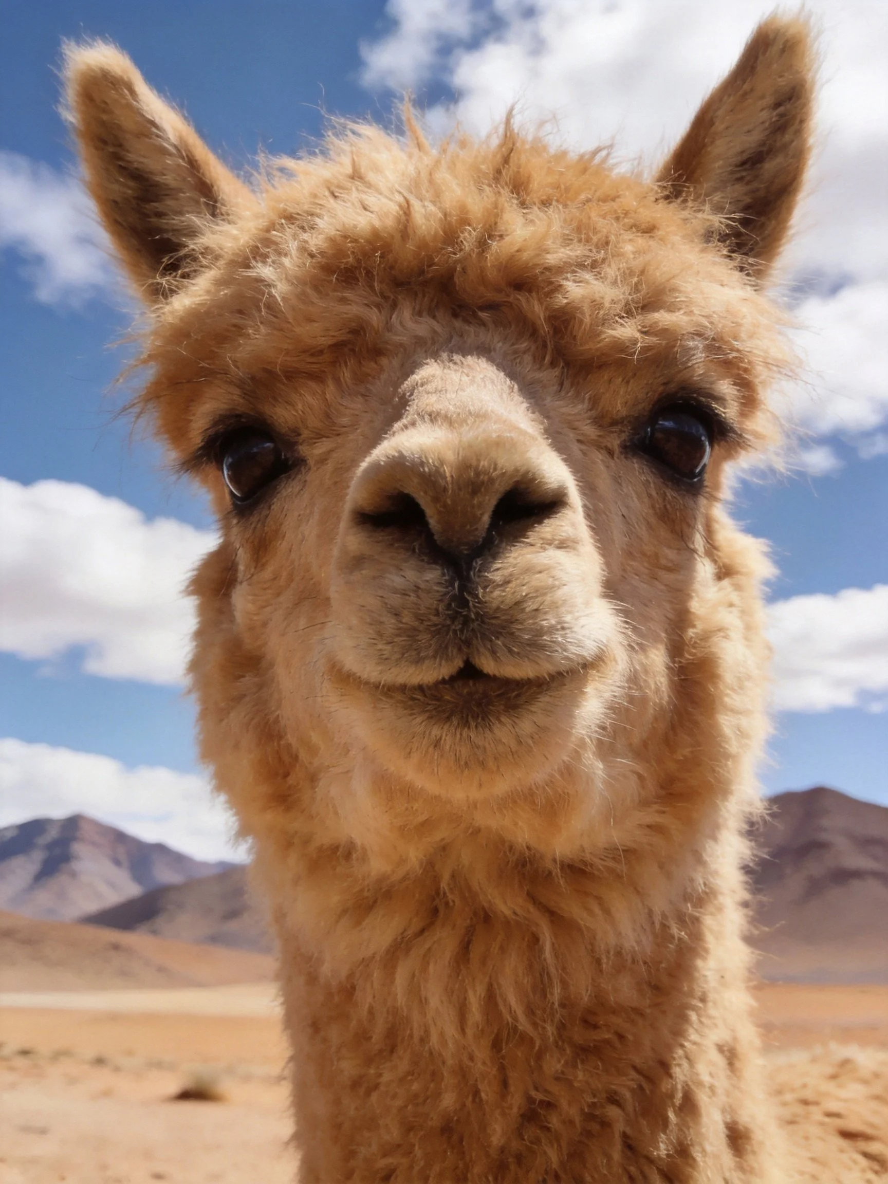 Close-up of a light brown llama in a desert landscape with mountains