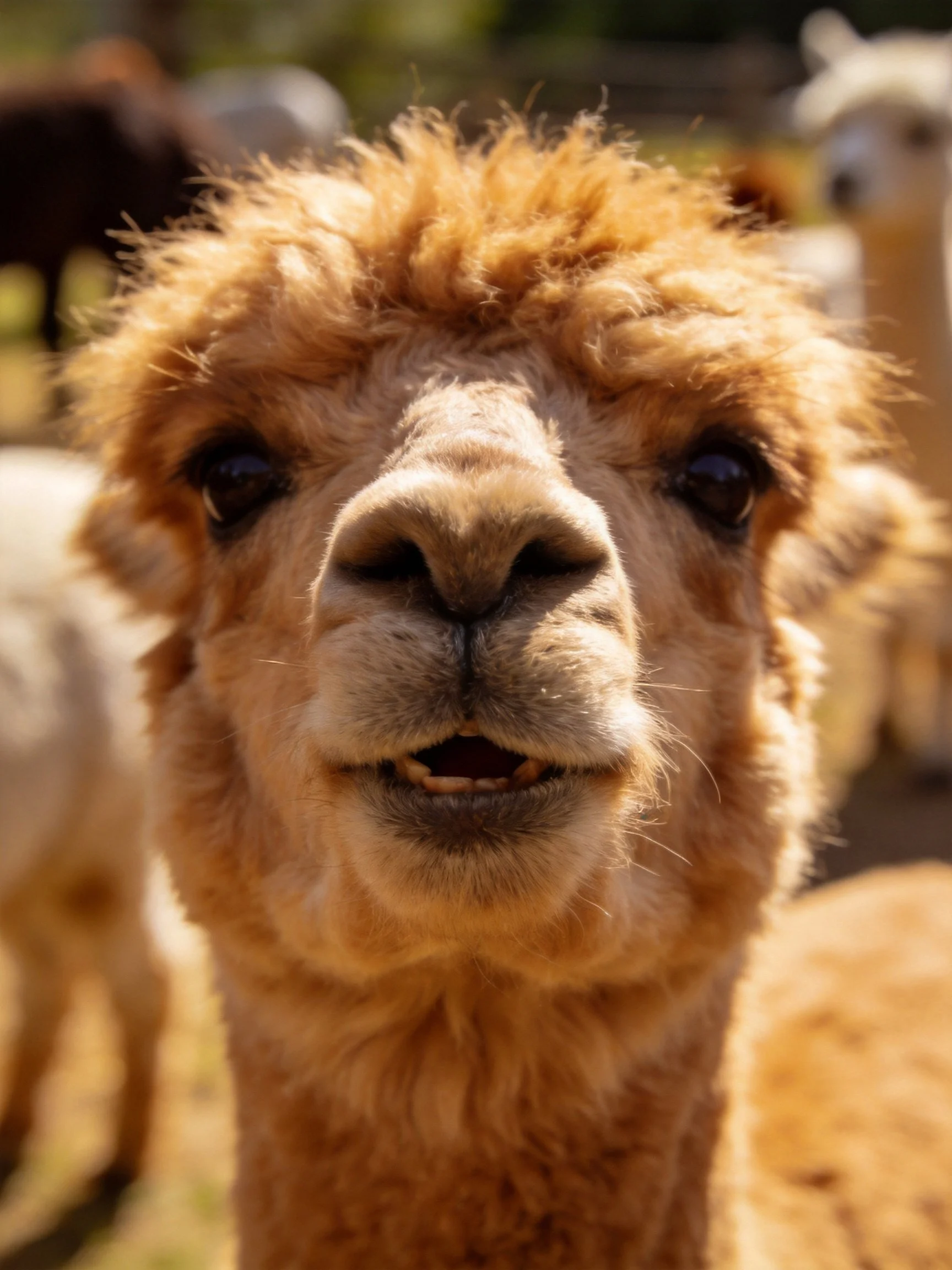 Close - up of a tan alpaca with curly fur in a sunny outdoor setting
