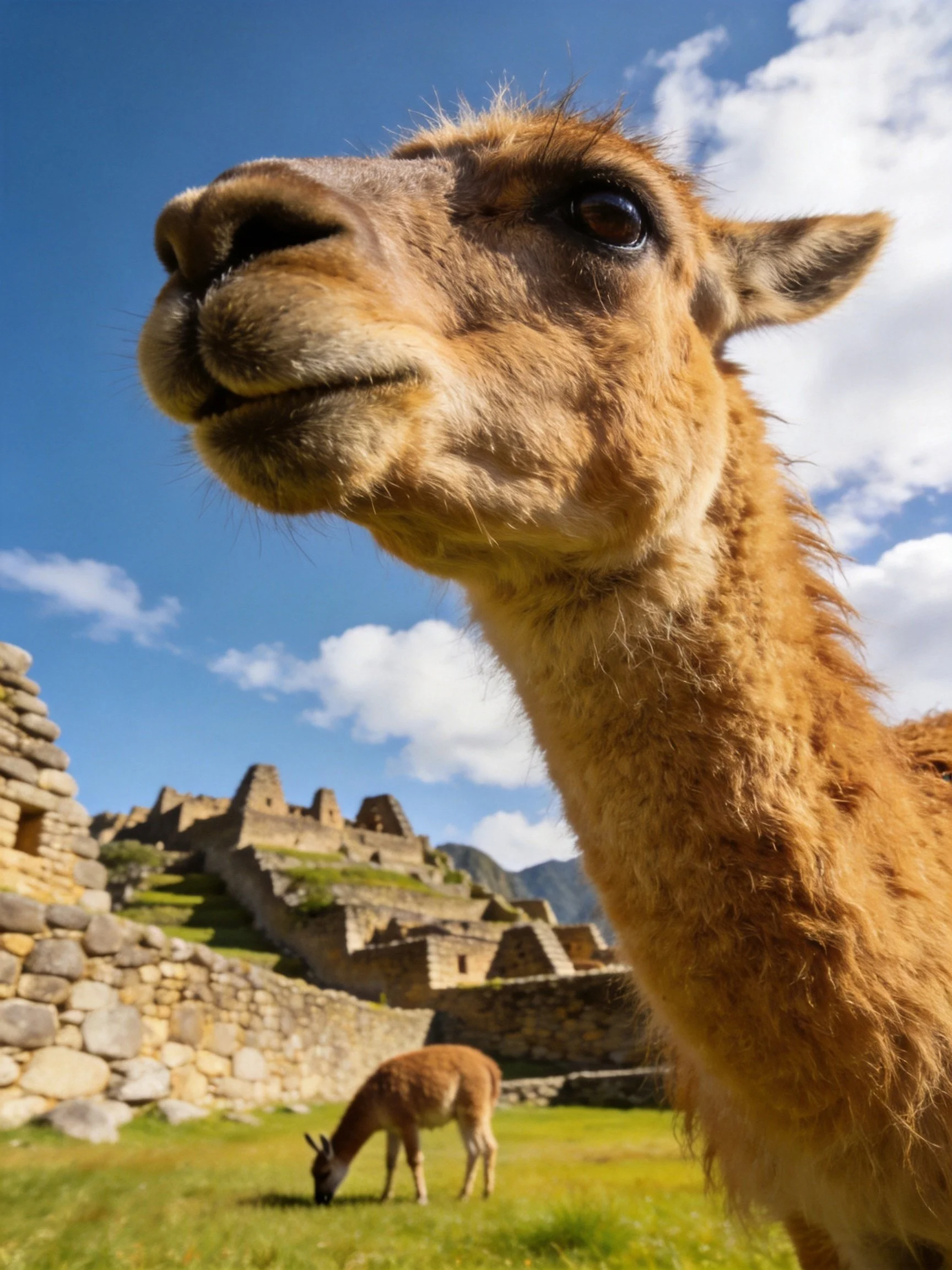 Close-up of a tan llama near ancient stone ruins under bright blue sky