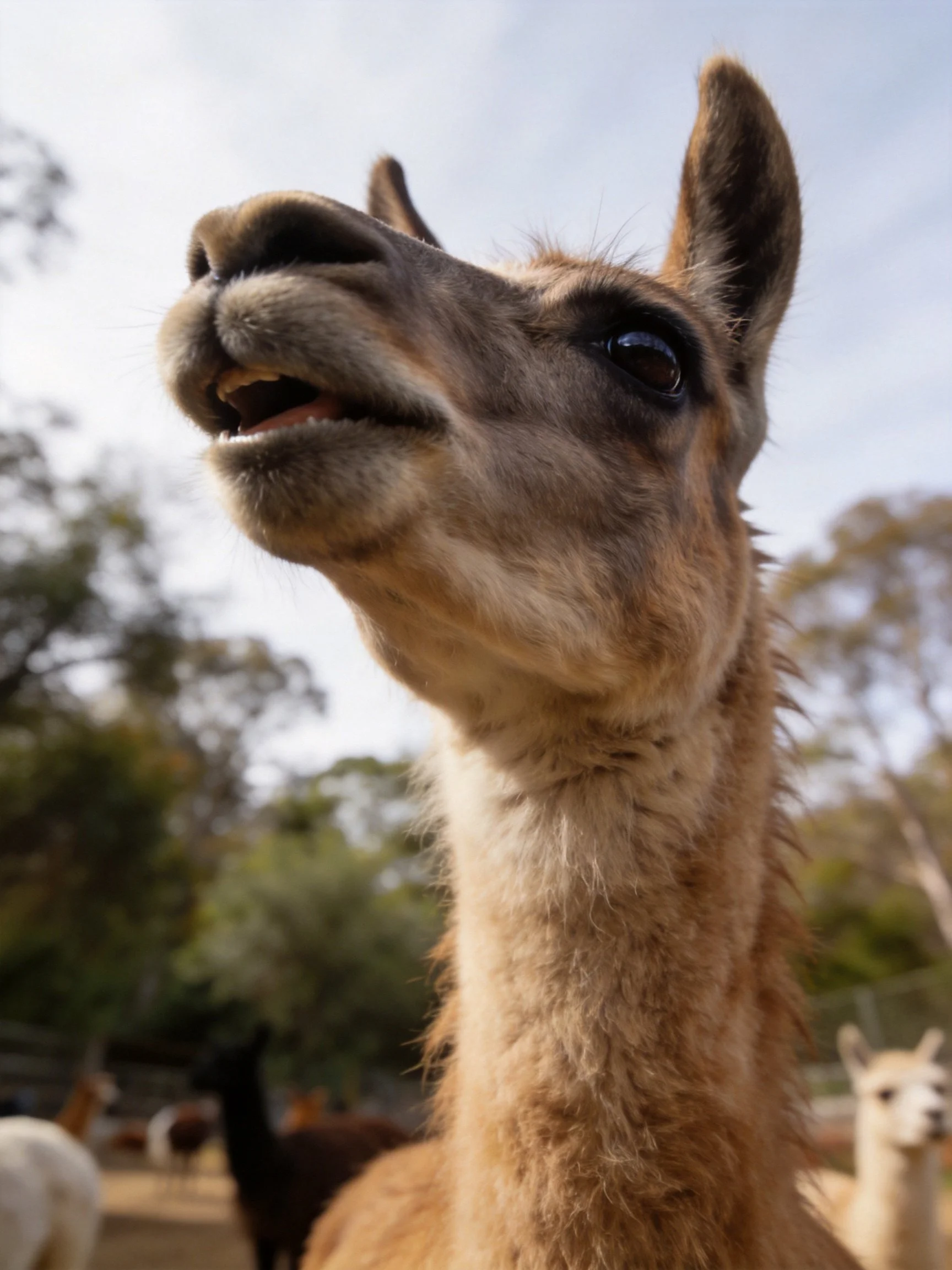 Close - up of a tan llama with other animals and trees in the background