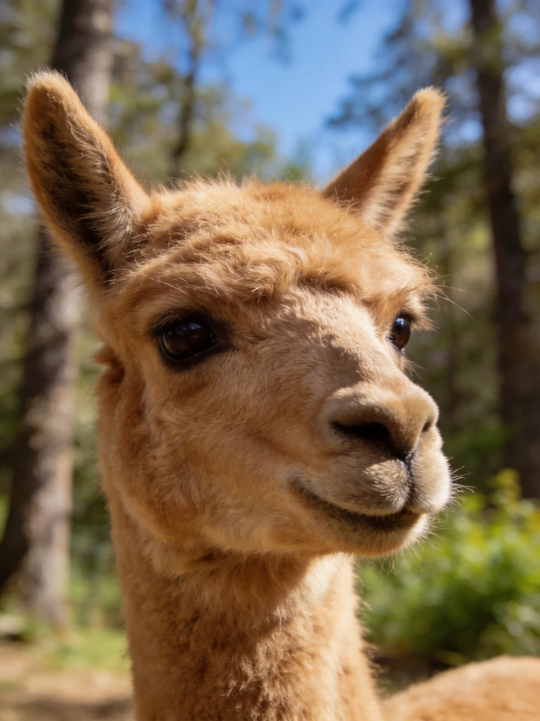 Close - up of a young tan alpaca with upright ears in a forest