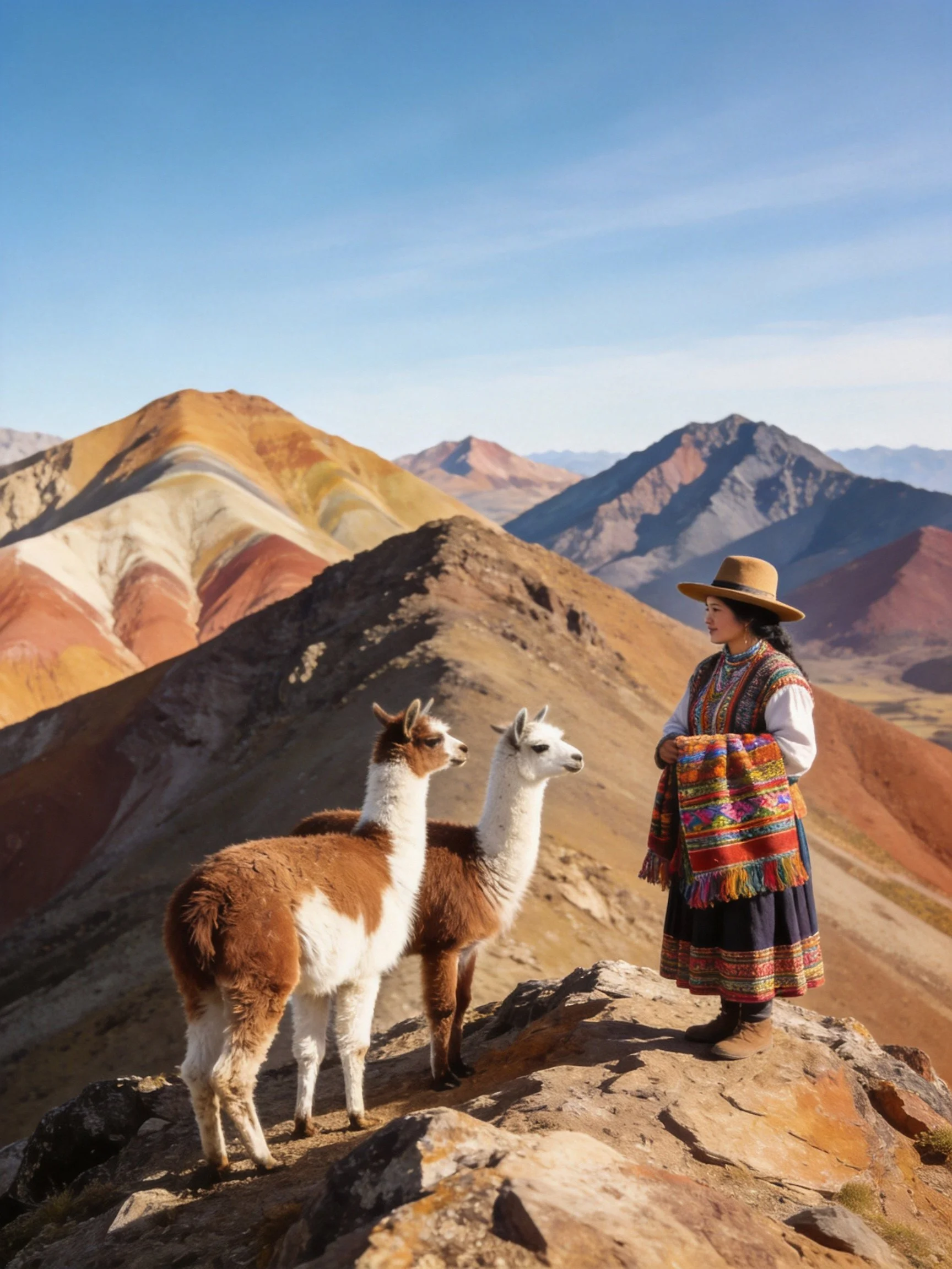 Colorful multicolored mountains with two llamas and a native woman