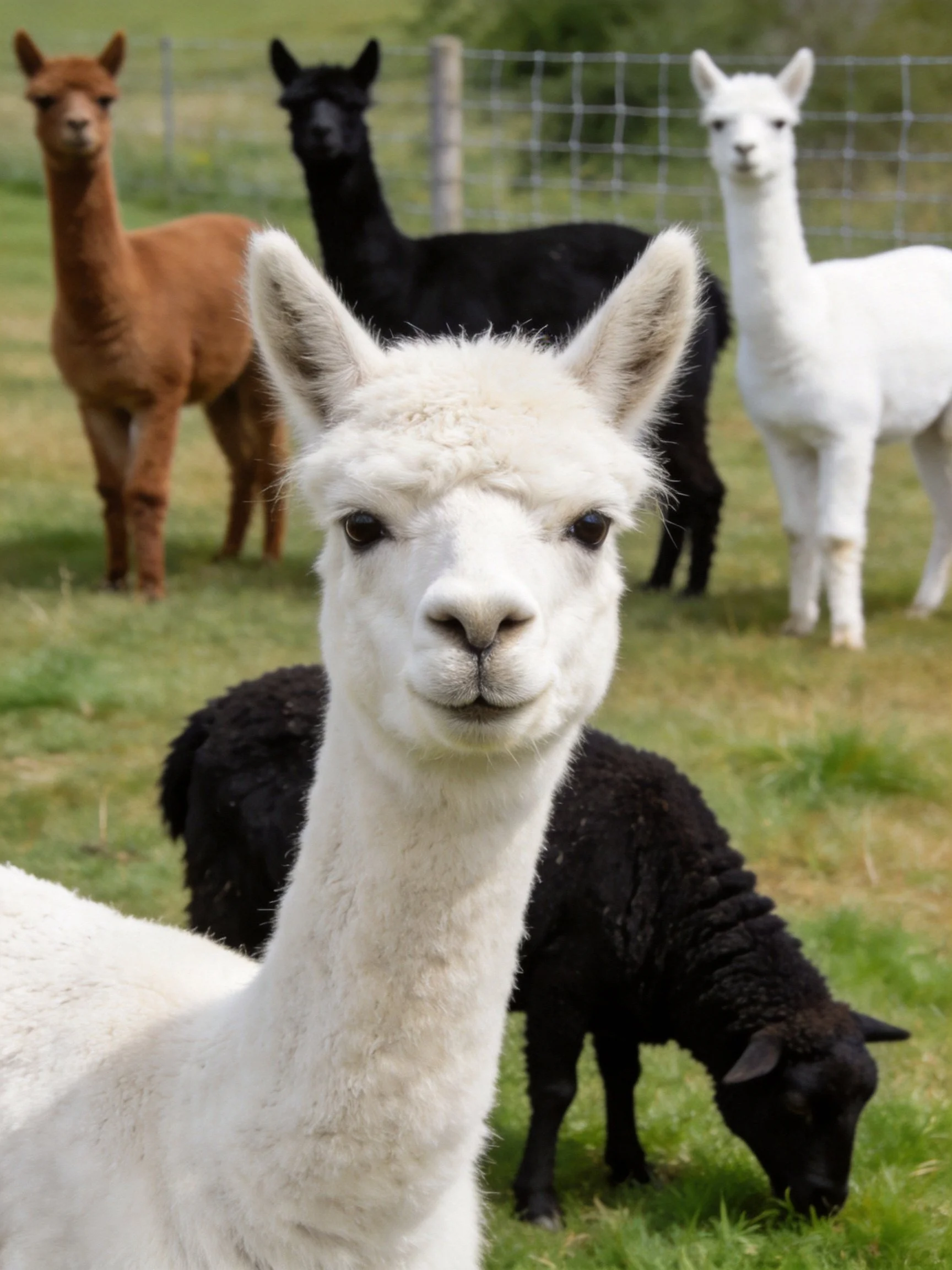 Five alpacas in brown, black, and white near a fenced pasture
