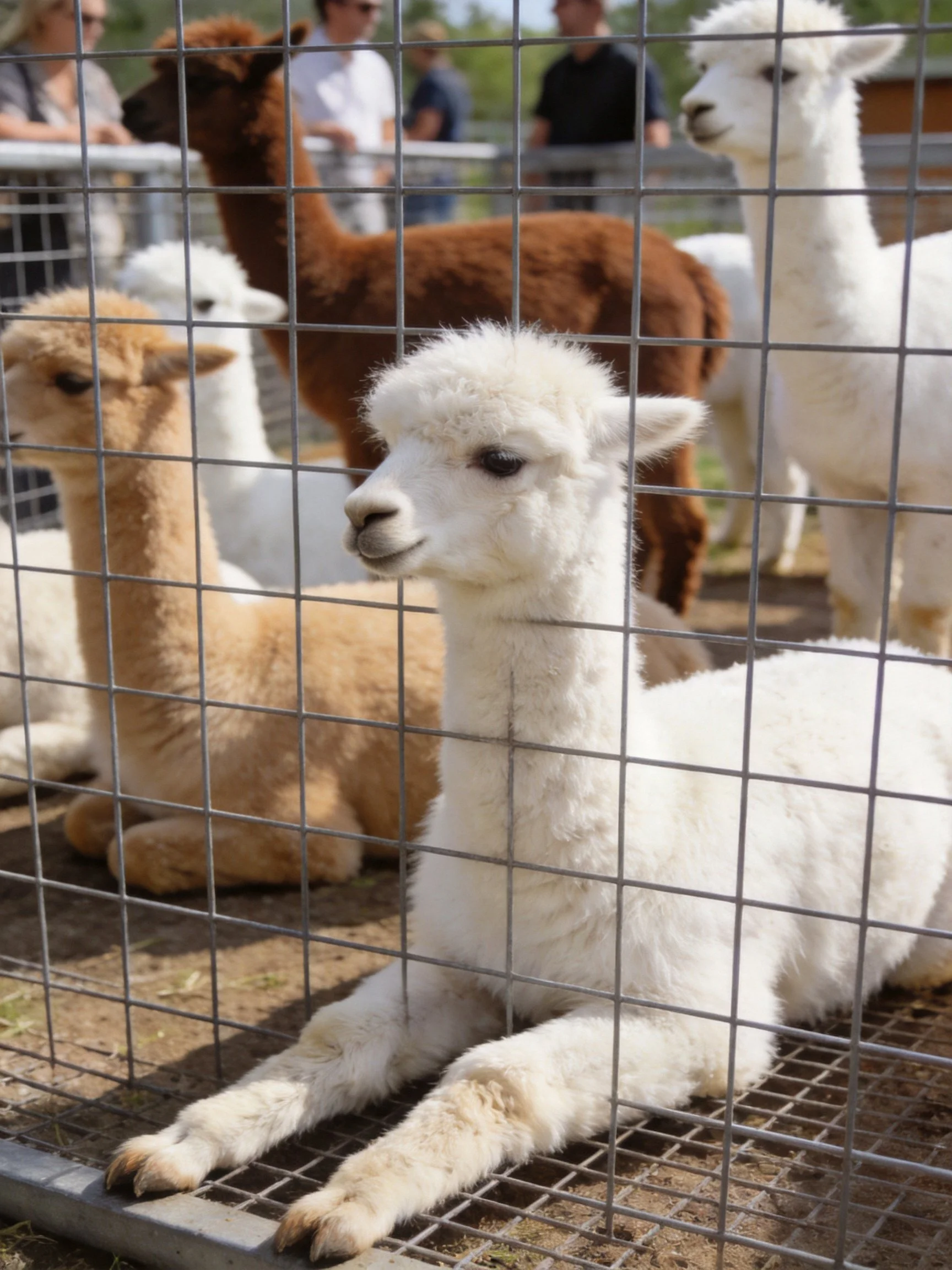 Five alpacas in diverse colors behind a metal fence outdoors