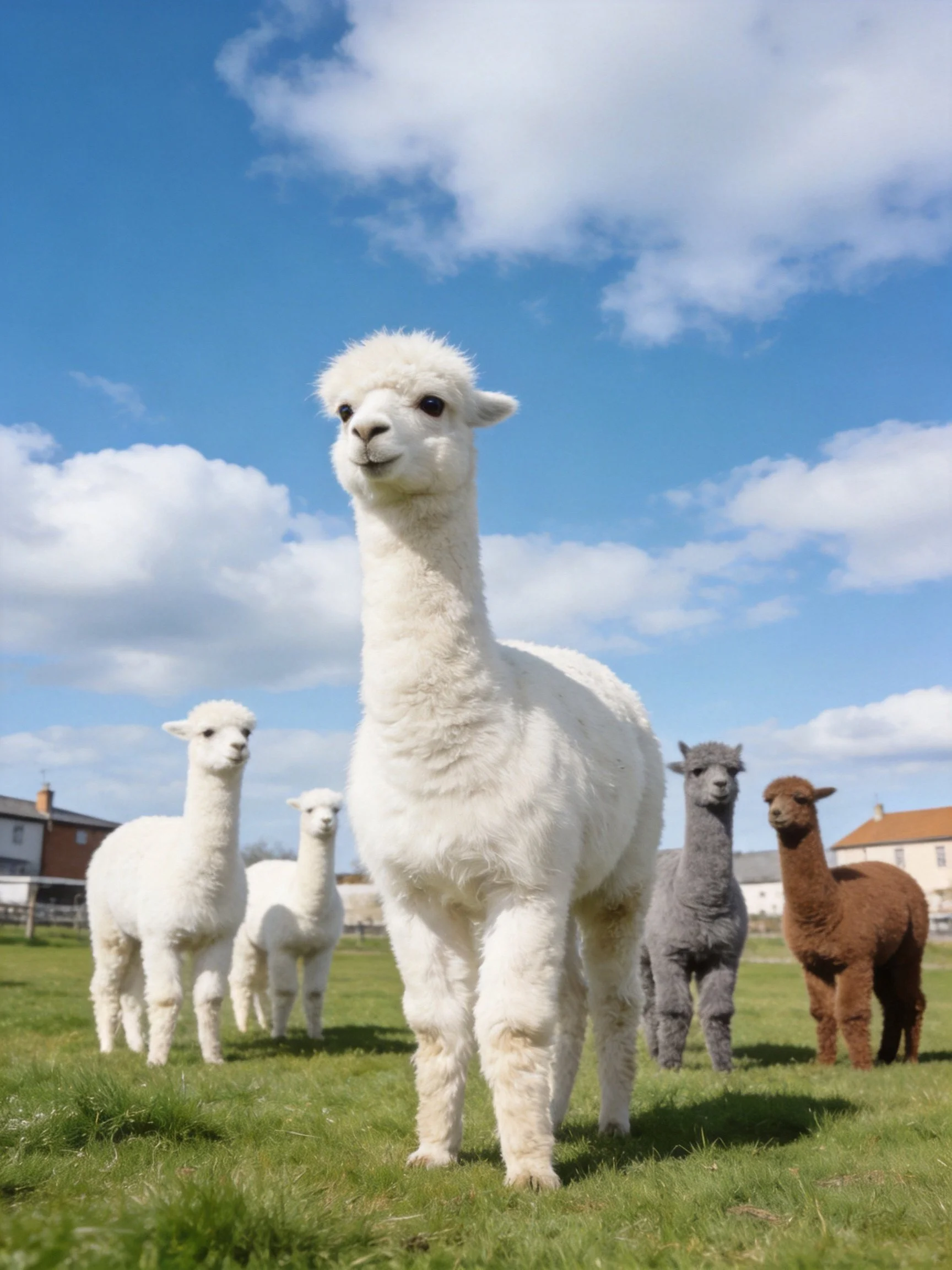 Five alpacas of assorted colors in a sunny pasture