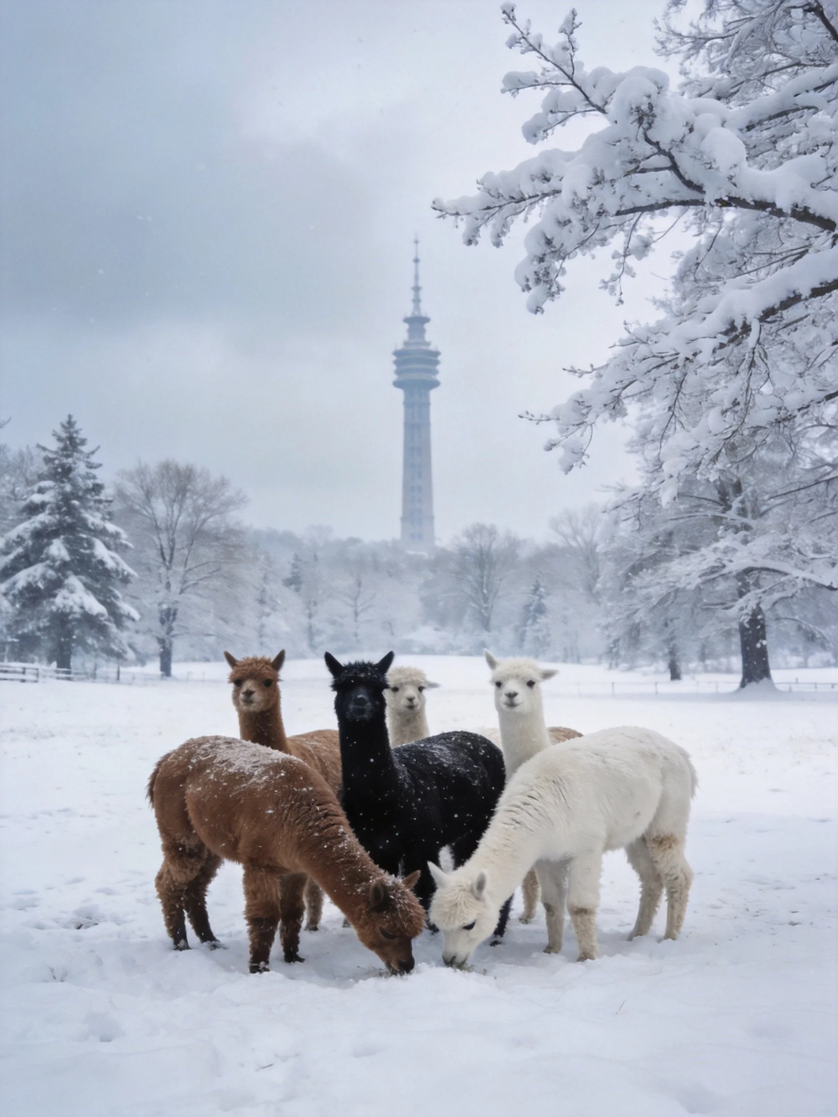 Five alpacas of different colors graze in a snowy field near a tall tower