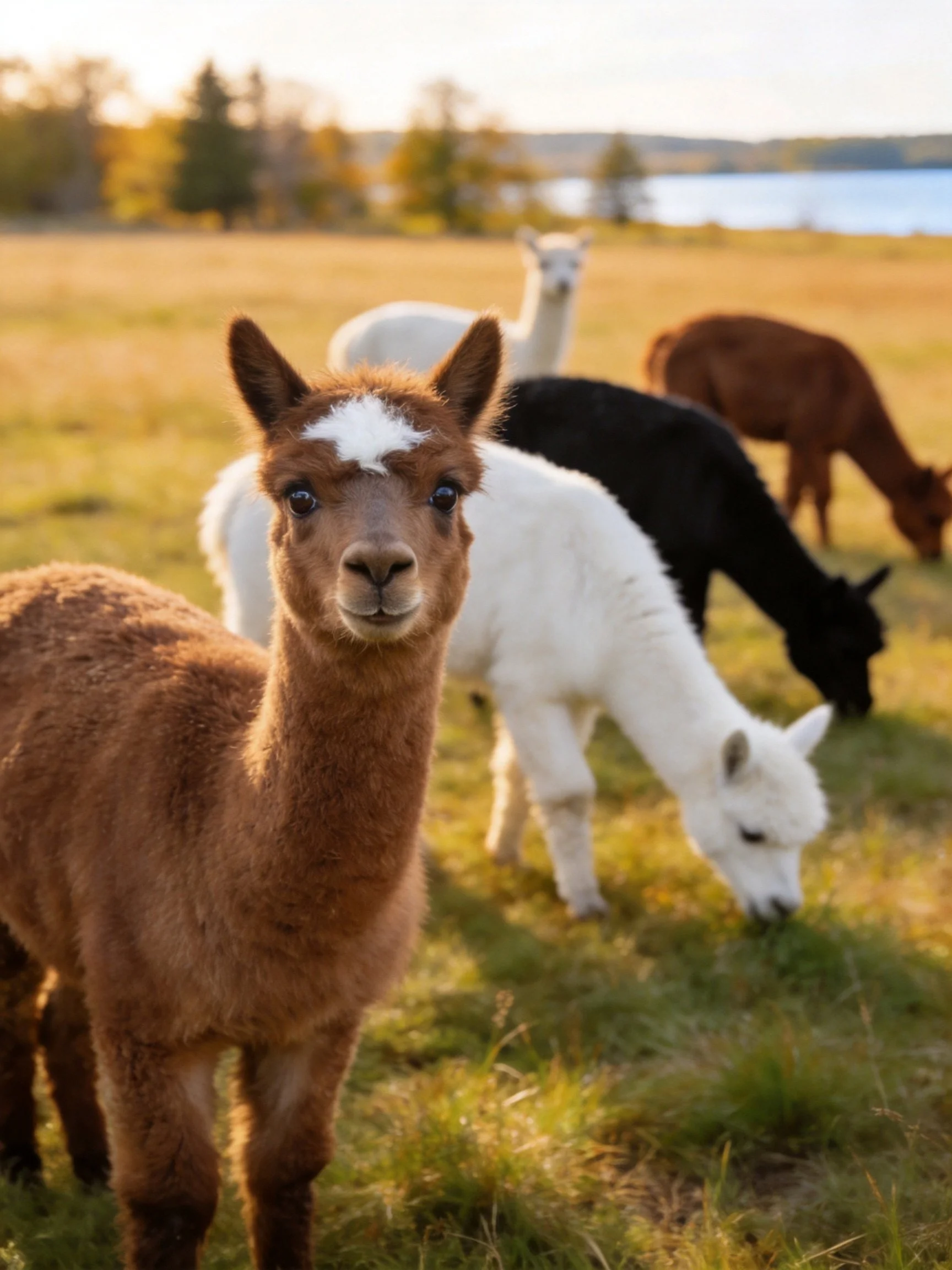 Five alpacas of various colors graze in a sunlit field by water