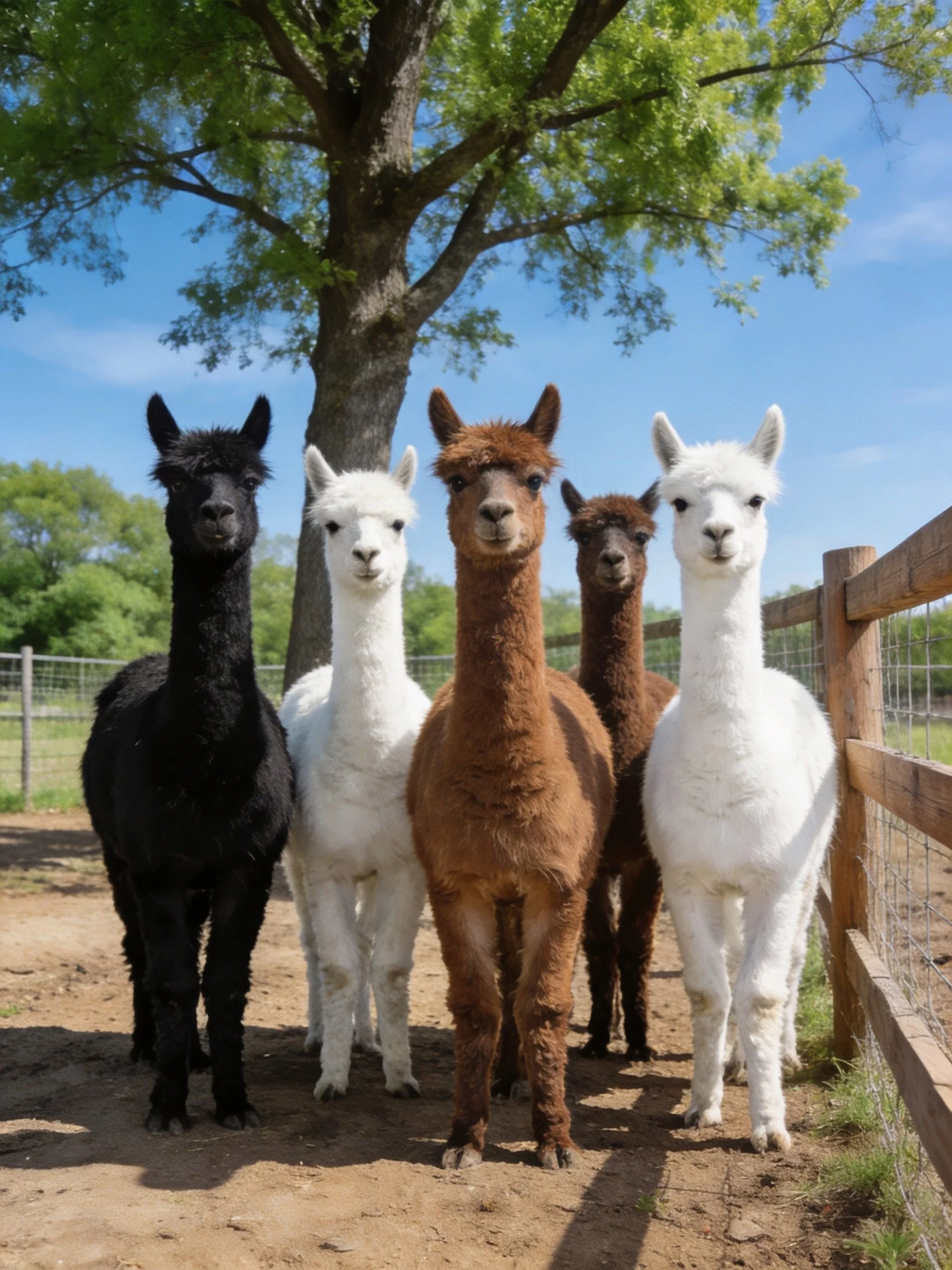 Five alpacas of various colors near a tree and fence