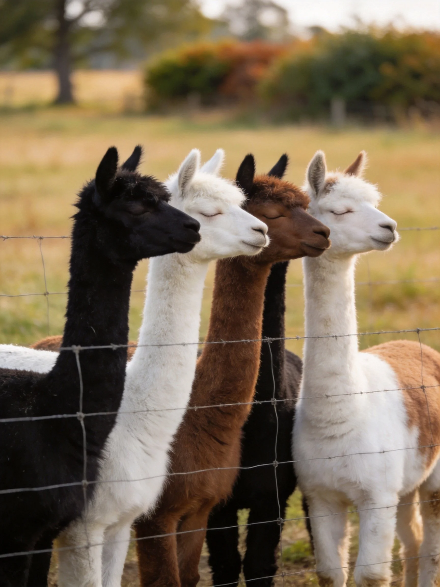 Five llamas of varied colors stand by a barbed-wire fence in a field