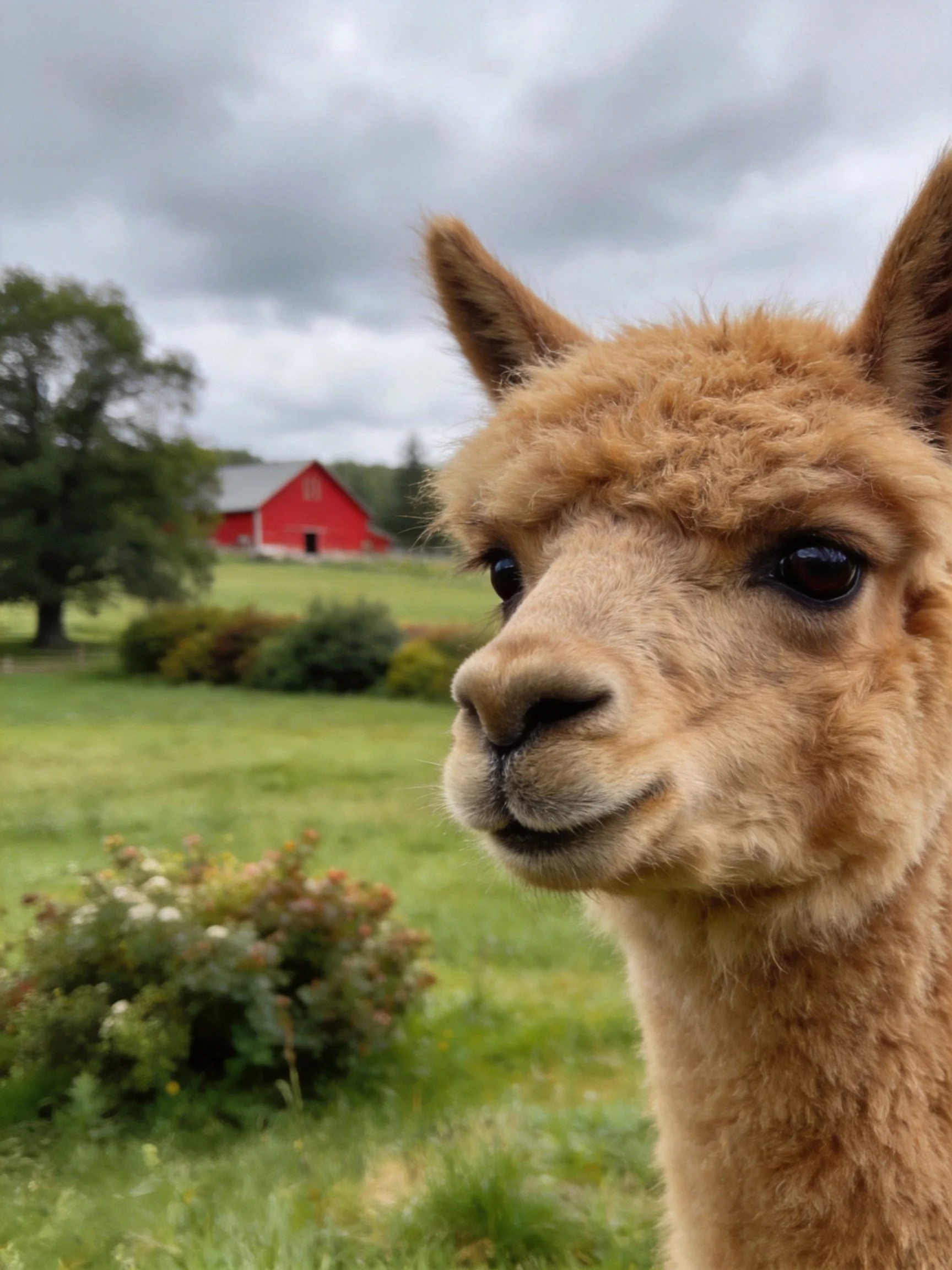 Fluffy tan alpaca near red barn in green pasture