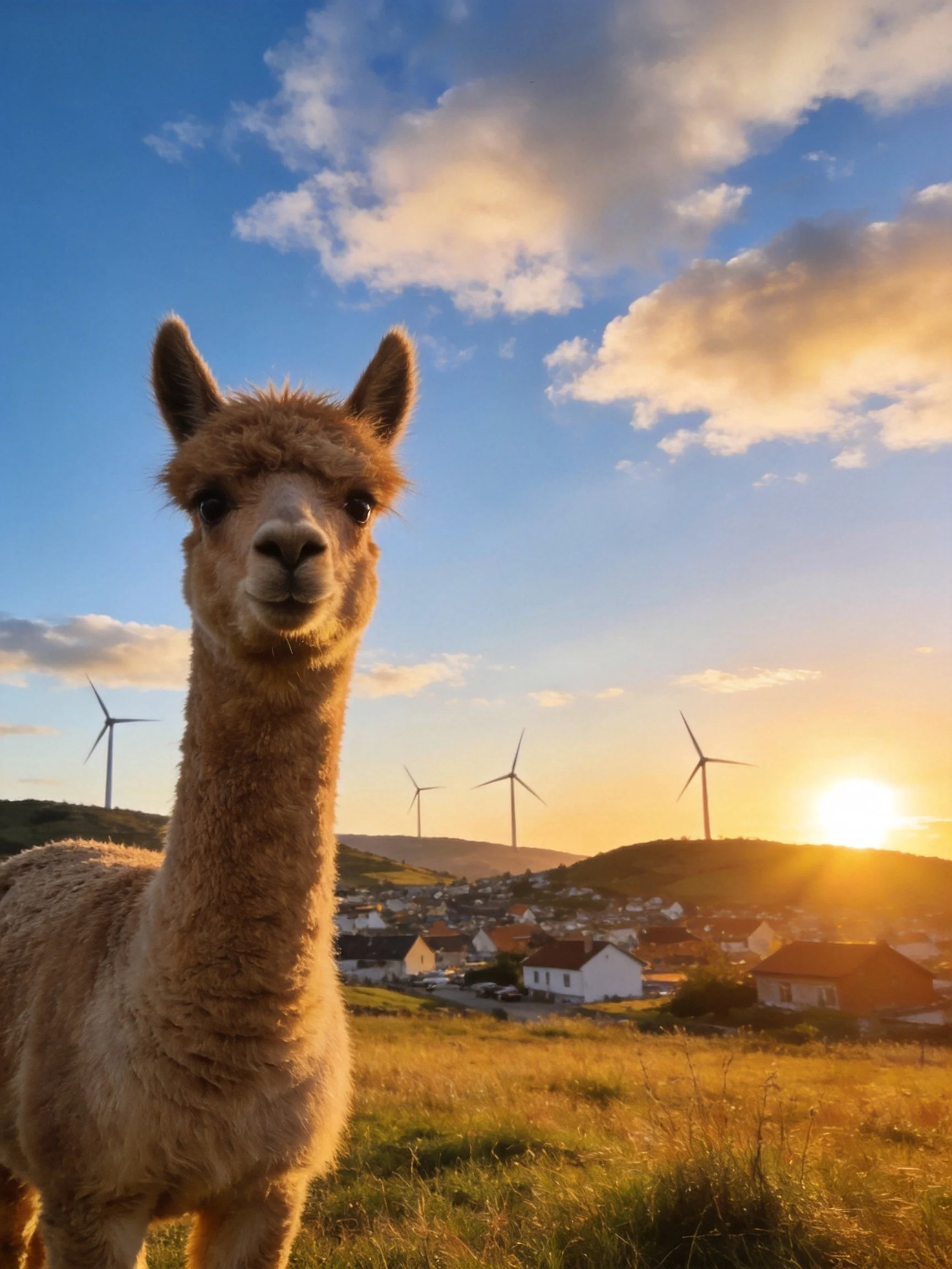 Fluffy tan alpaca near wind turbines at golden sunset