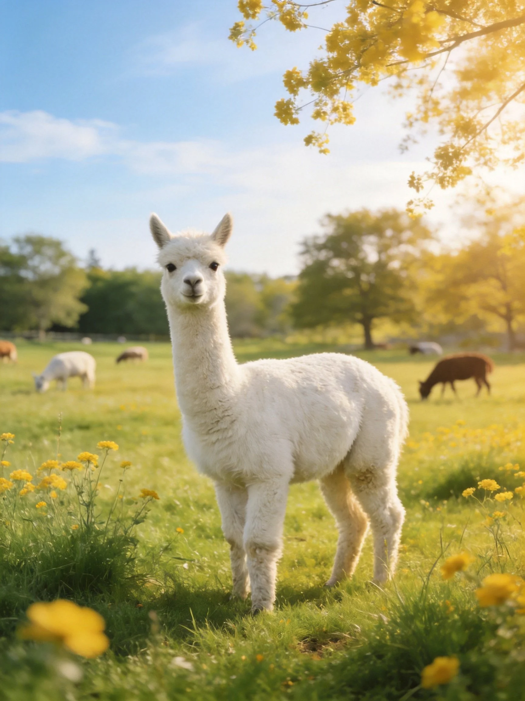Fluffy white alpaca in sunlit meadow with yellow flowers