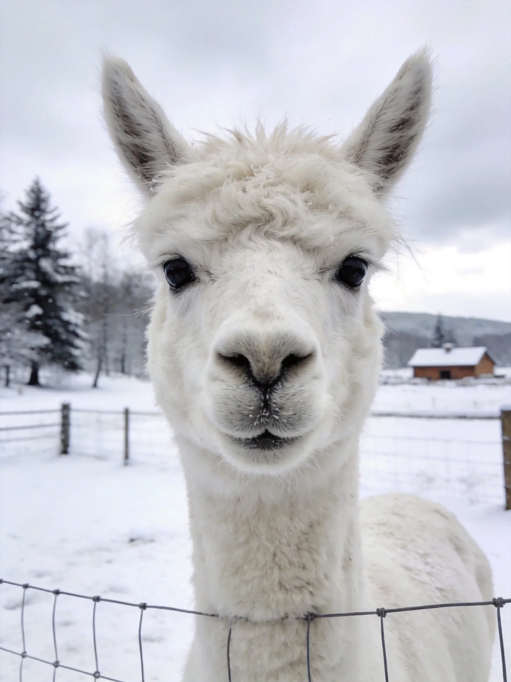 Fluffy white alpaca near wire fence in snowy countryside