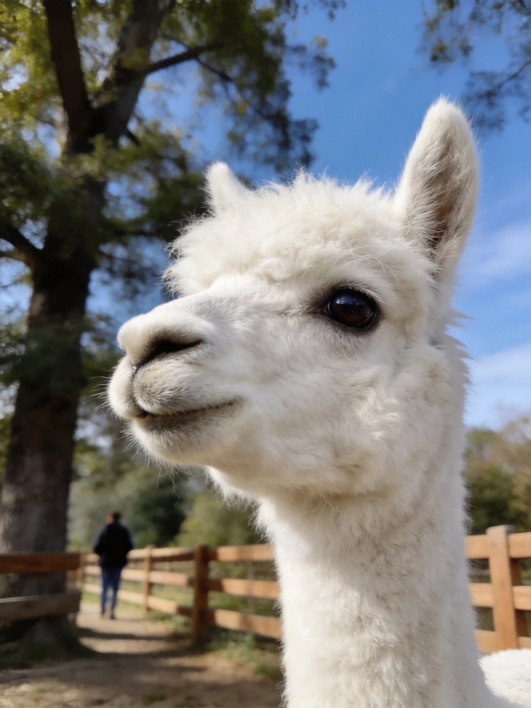 Fluffy white alpaca near wooden fences and tall trees