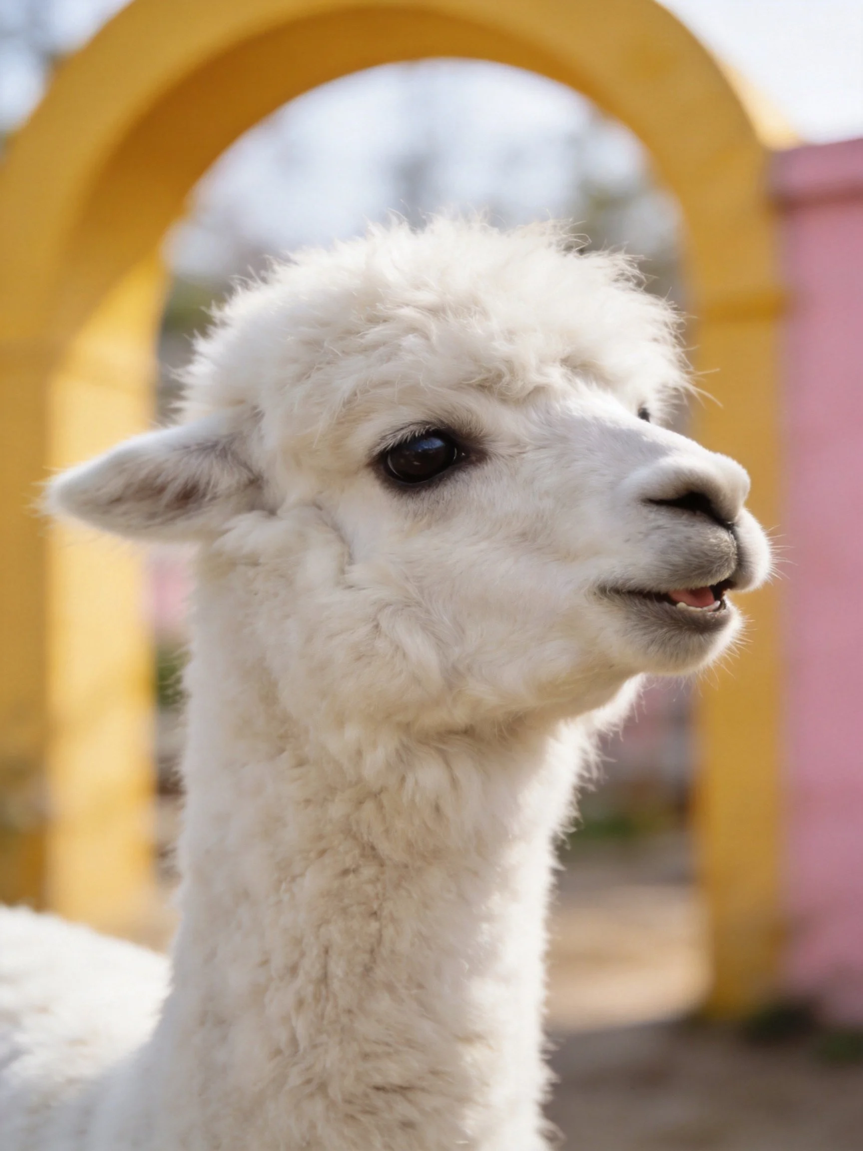 Fluffy white alpaca near yellow arch and pink structure