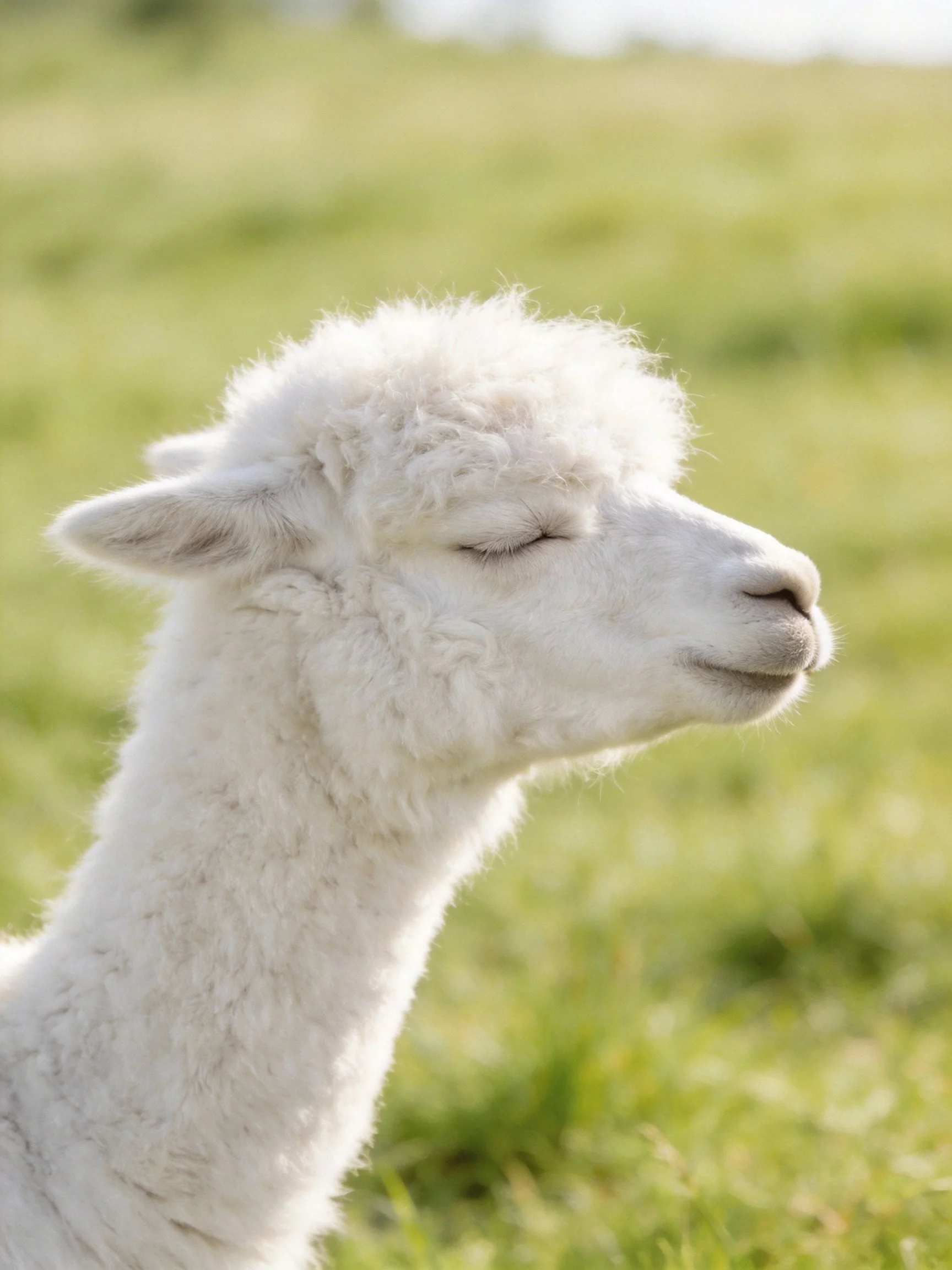 Fluffy white alpaca resting in sunlit green meadow