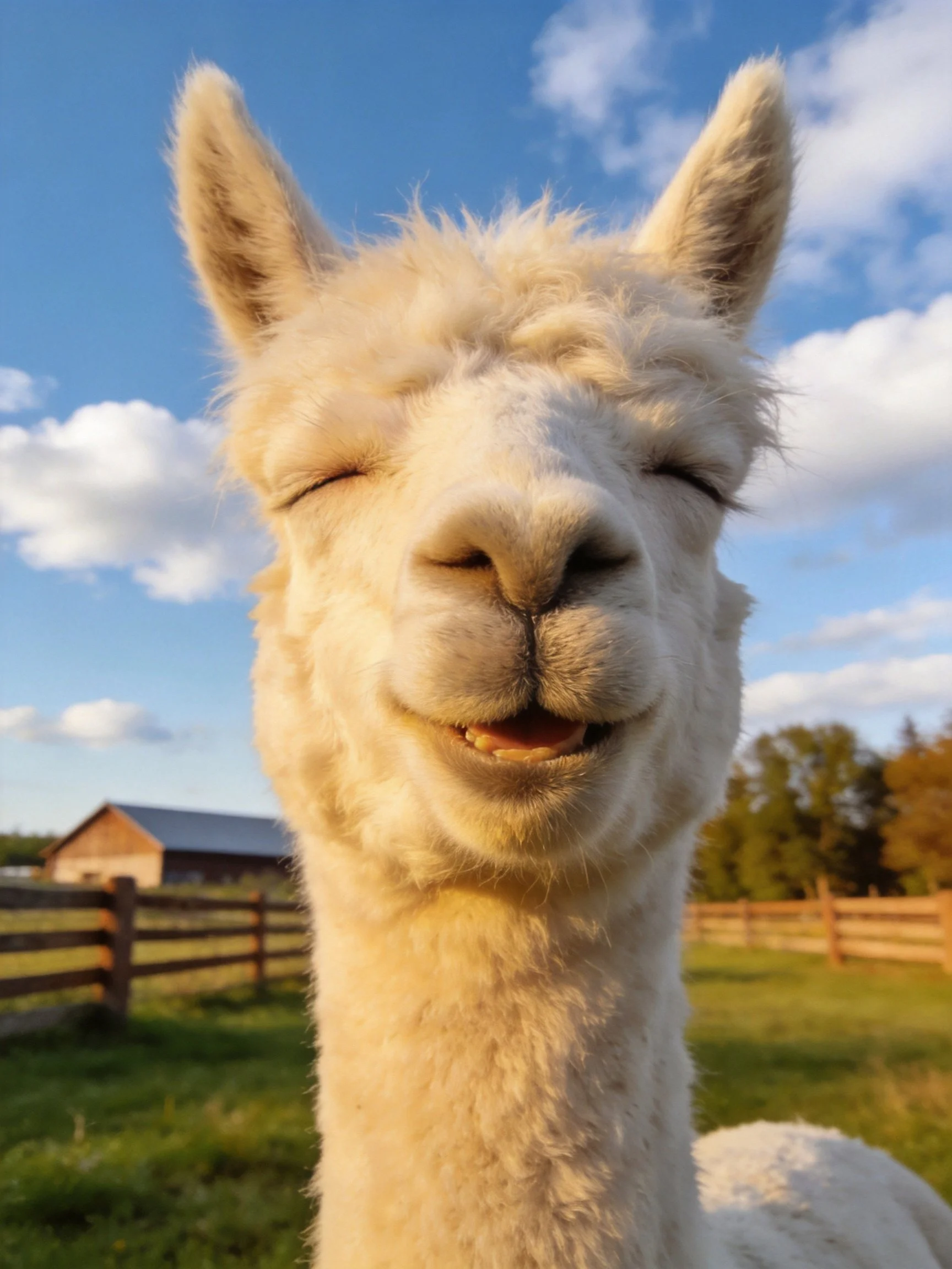 Fluffy white alpaca smiles in sunny farm setting with blue sky