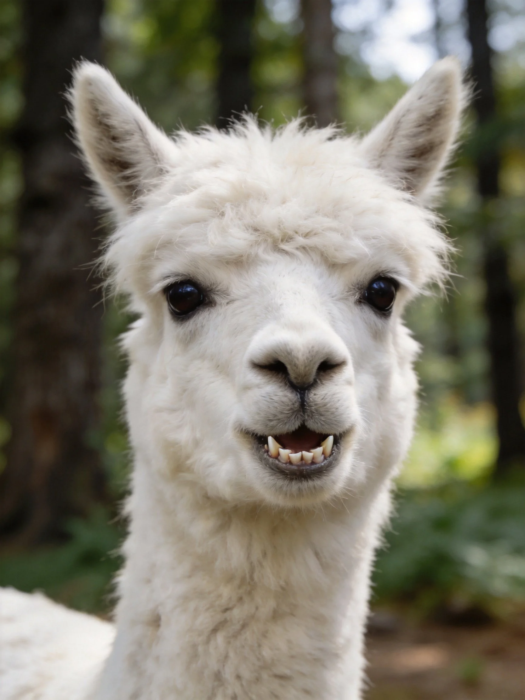 Fluffy white alpaca with dark eyes in forest setting