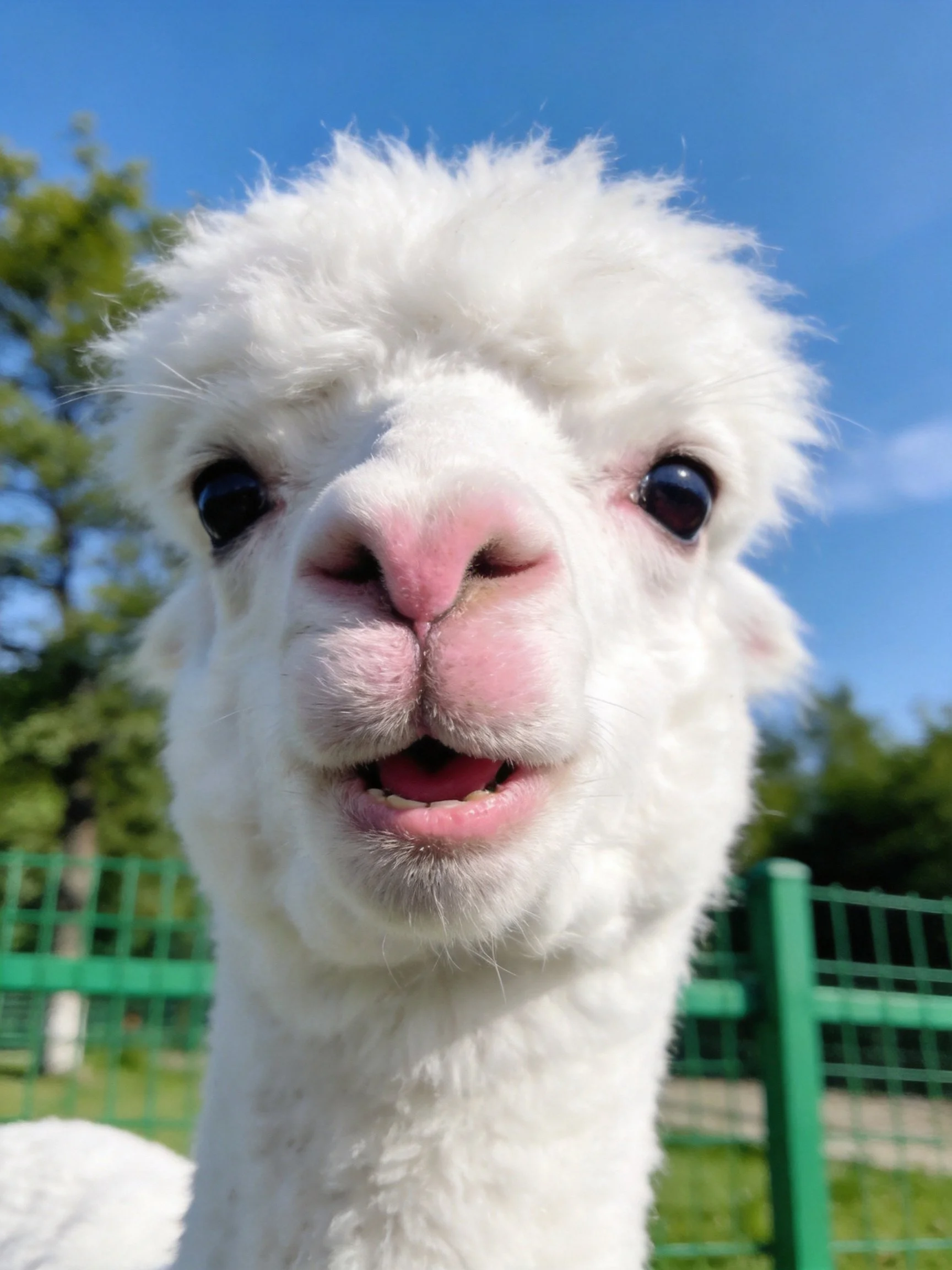 Fluffy white alpaca stands near green fence under clear blue sky