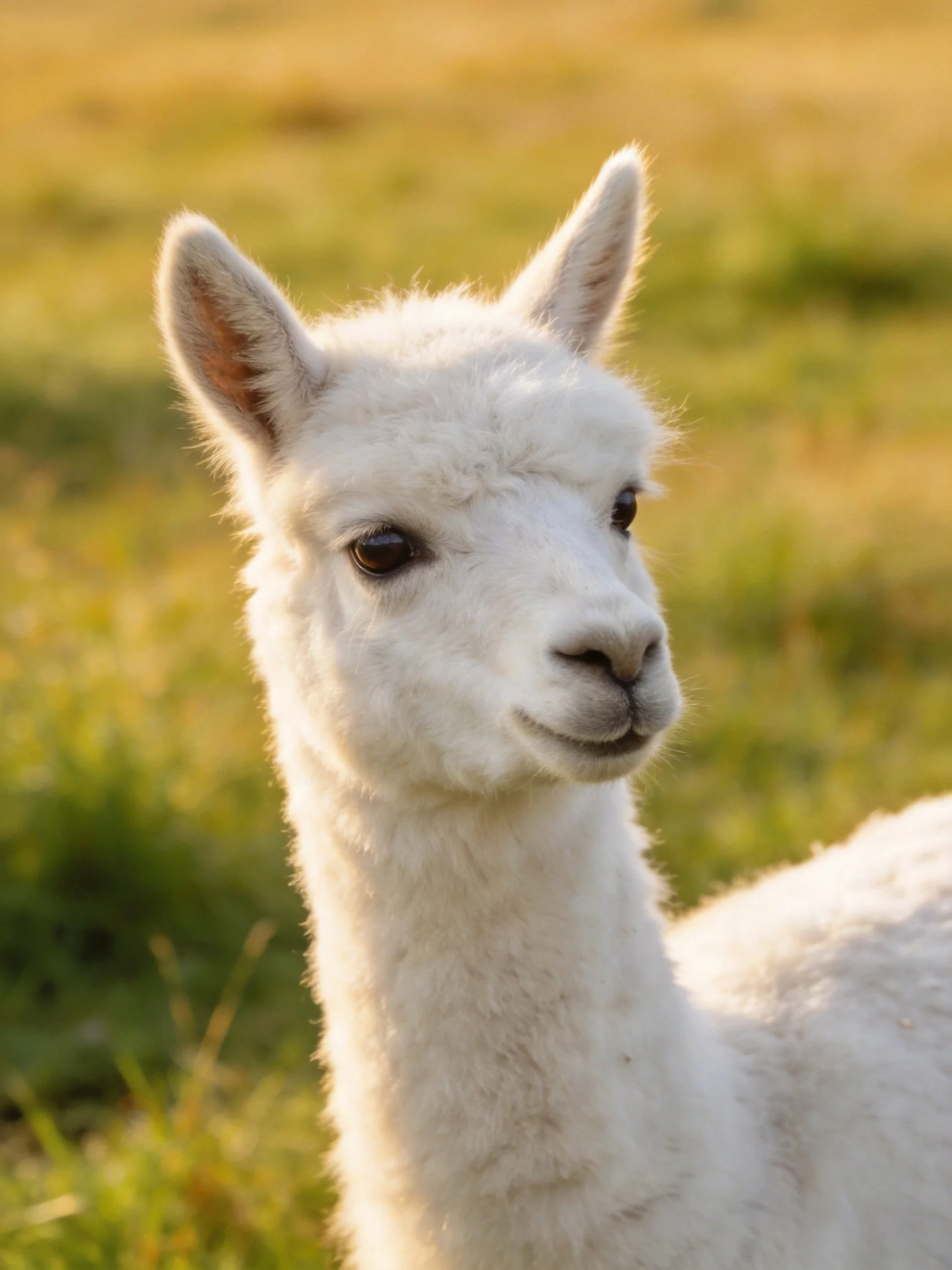 Fluffy white baby alpaca in sunlit green pasture