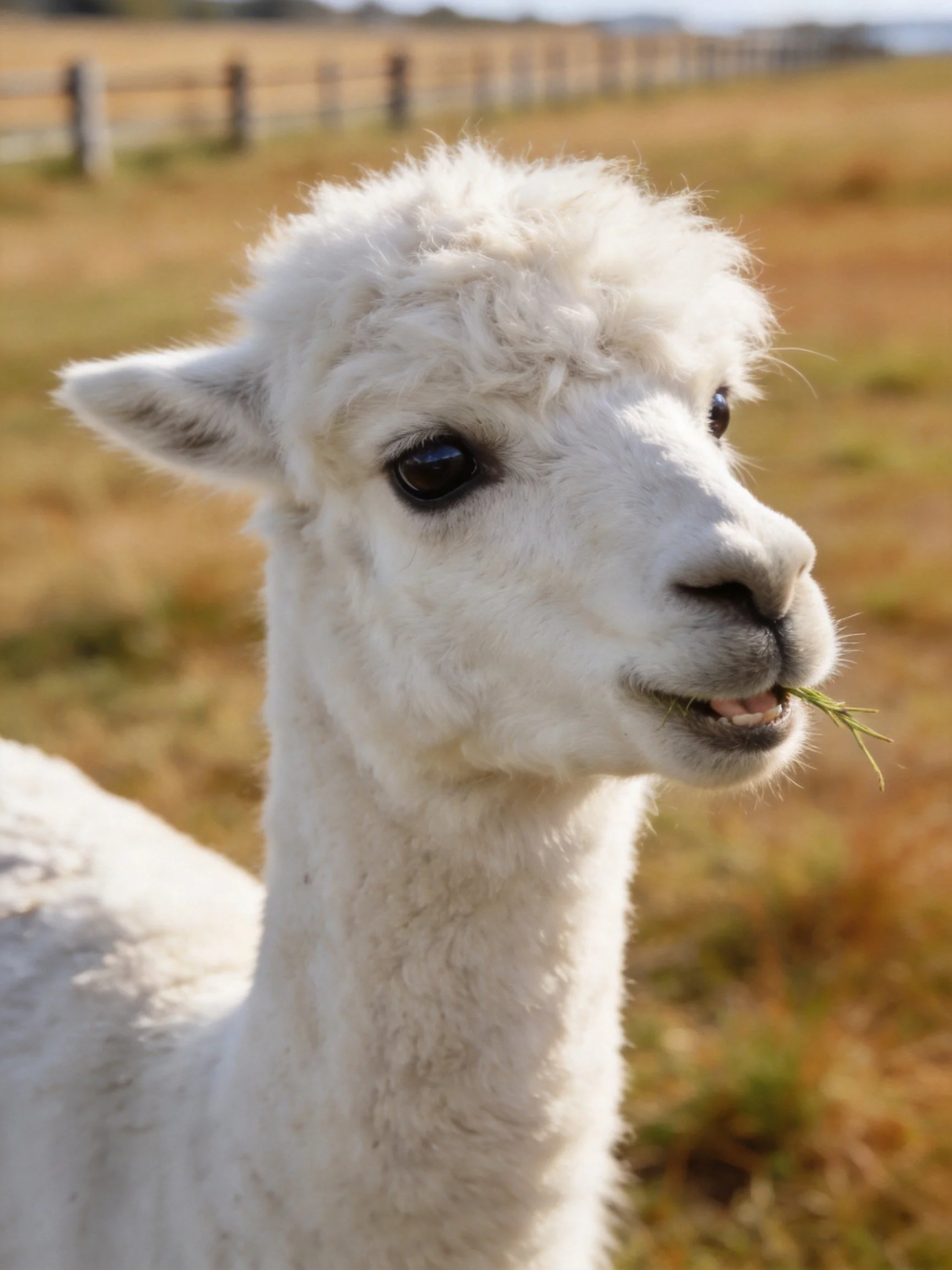 Fluffy white baby alpaca munching on grass in open field