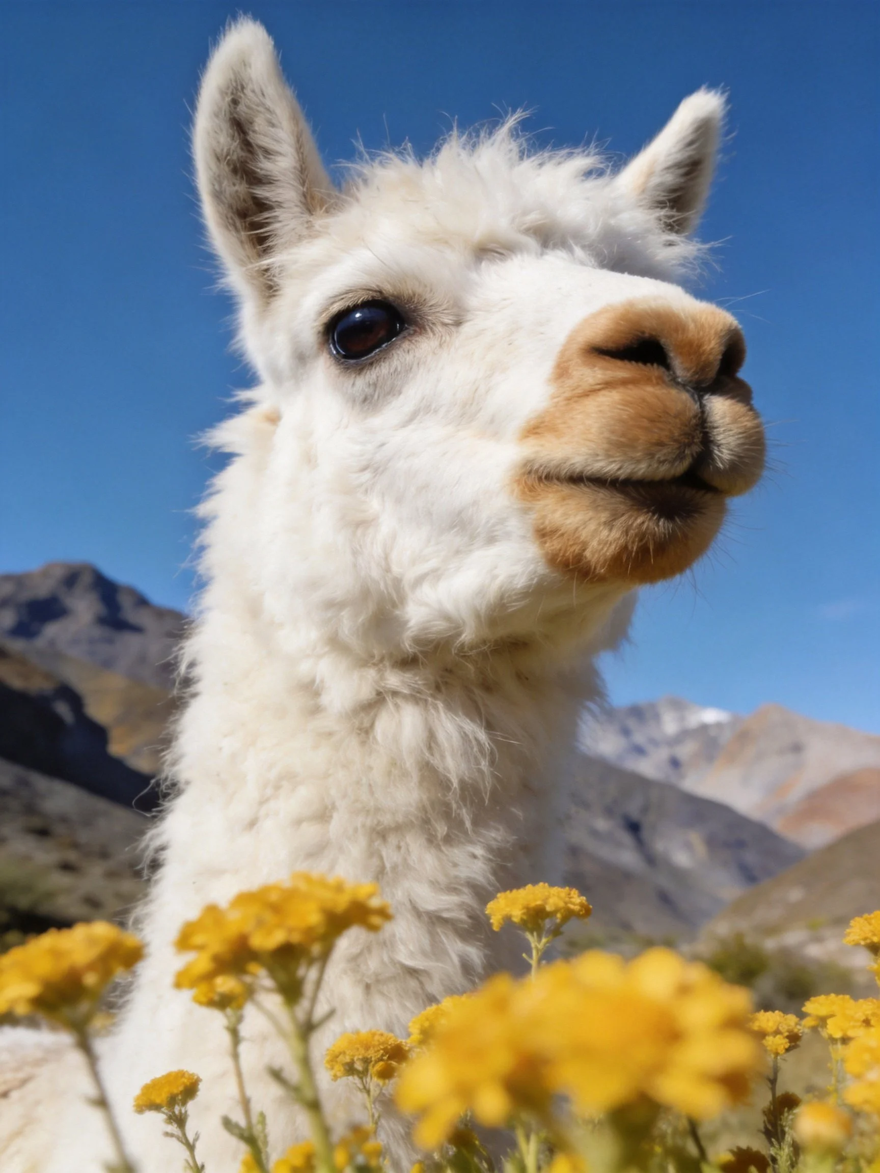 White llama stands among yellow flowers with mountains in the background.