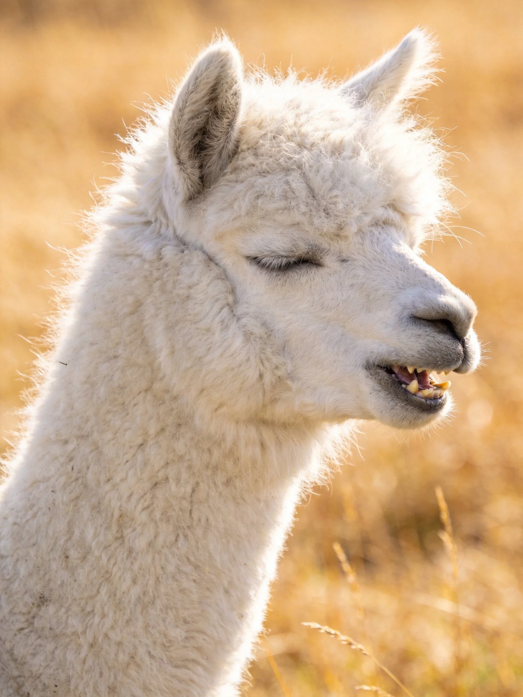 Fluffy white young llama in sunlit golden field