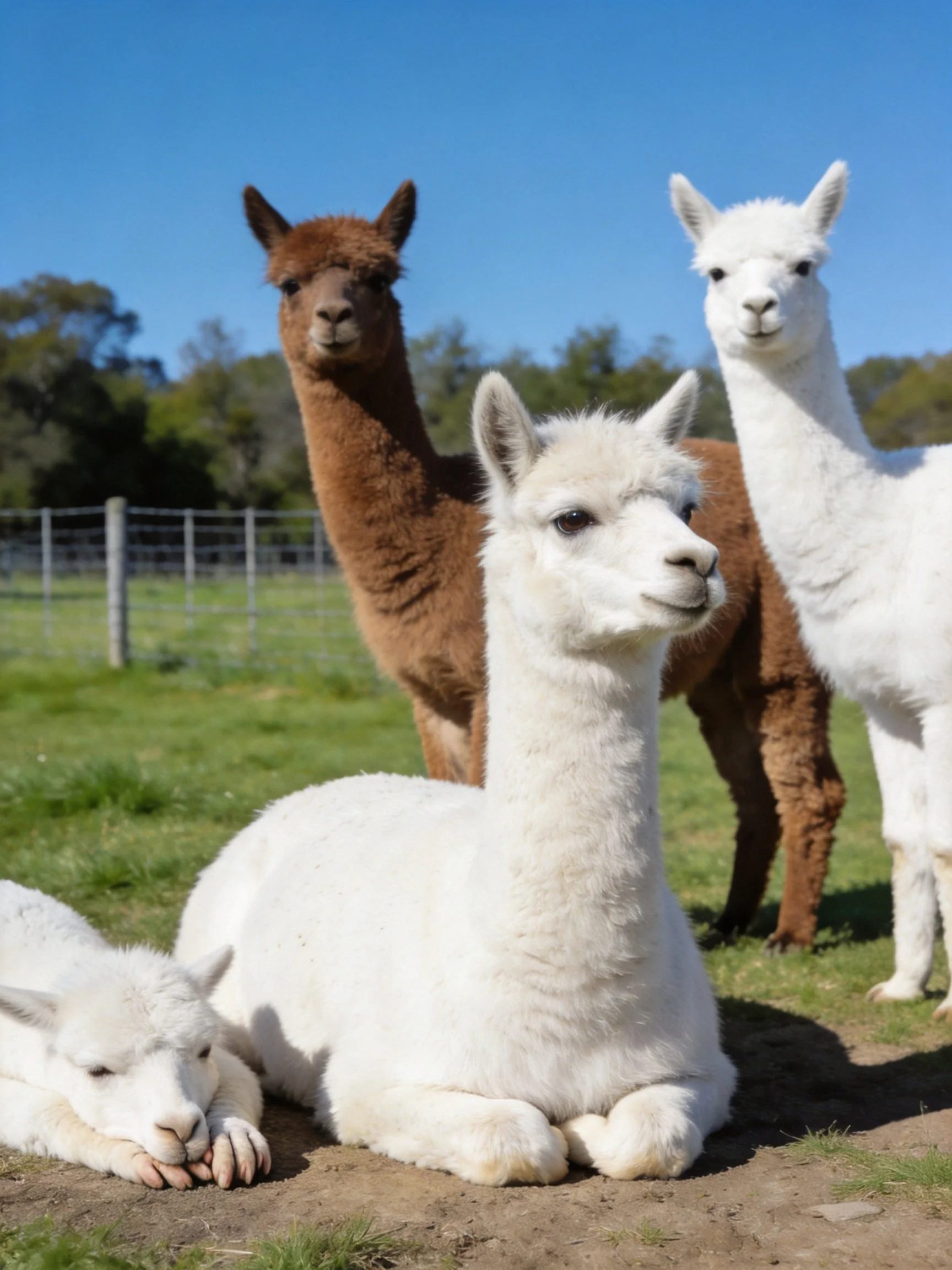 Four alpacas, brown and white, in a sunny pasture