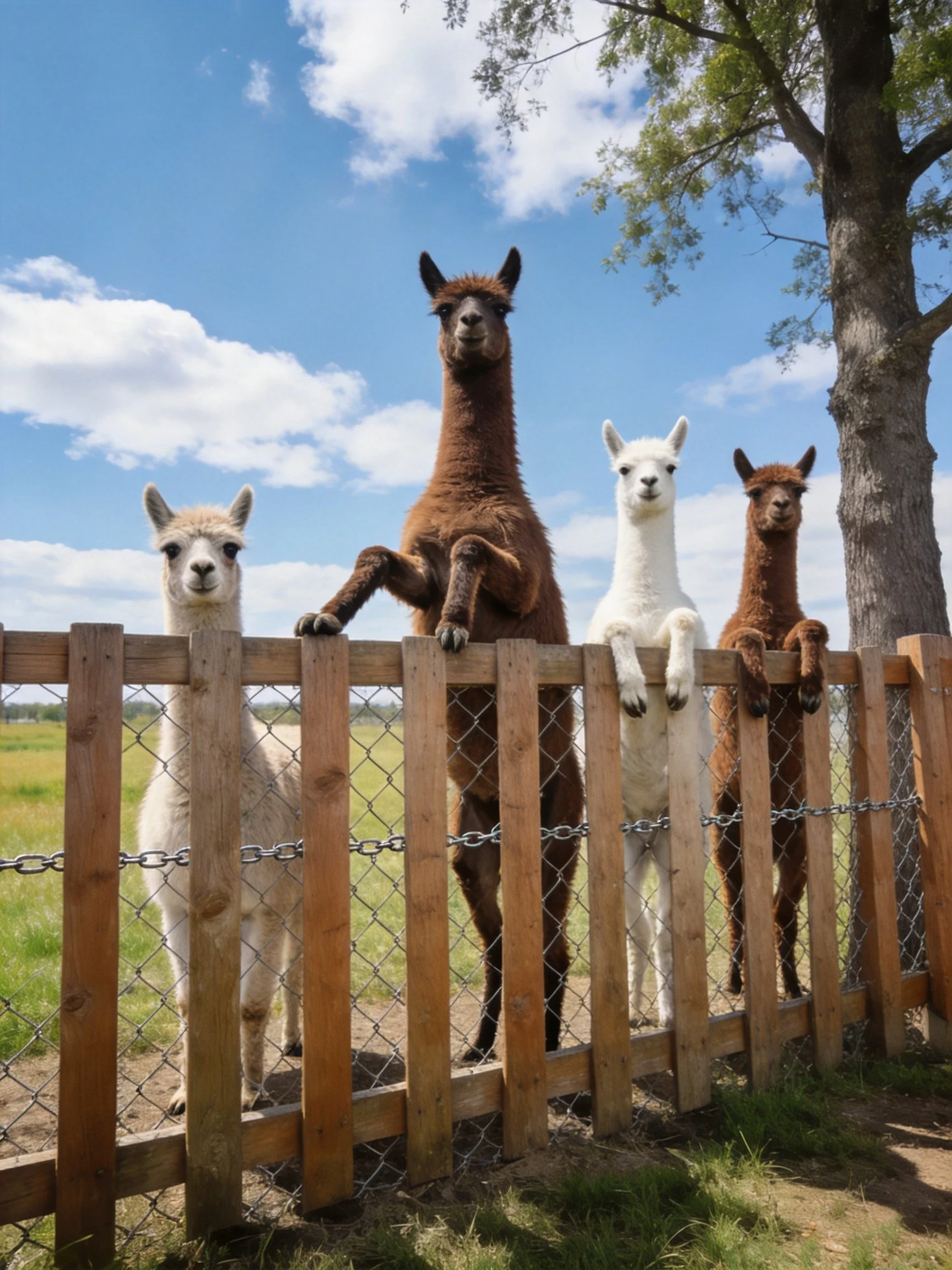 Four alpacas of mixed colors lean over a wooden fence outdoors