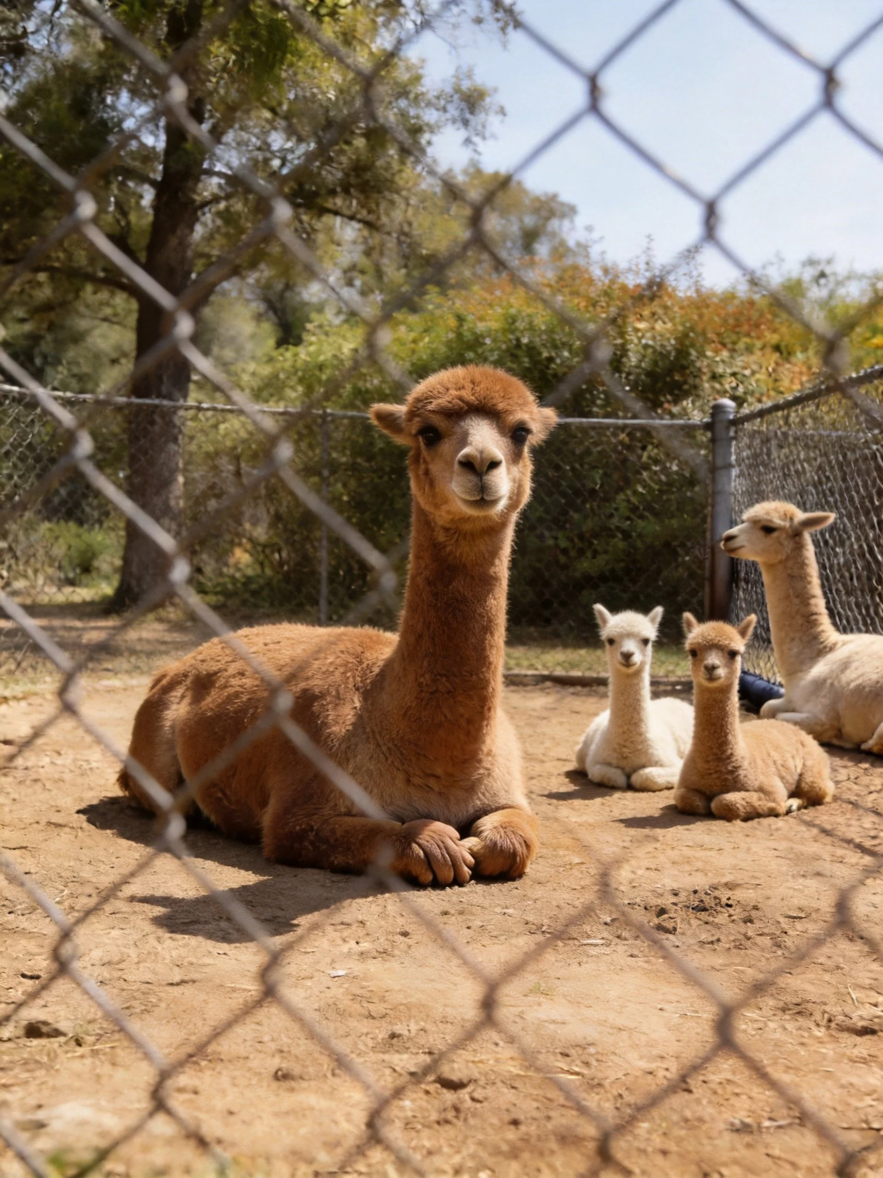Four alpacas of varied browns rest near a chain-link fence